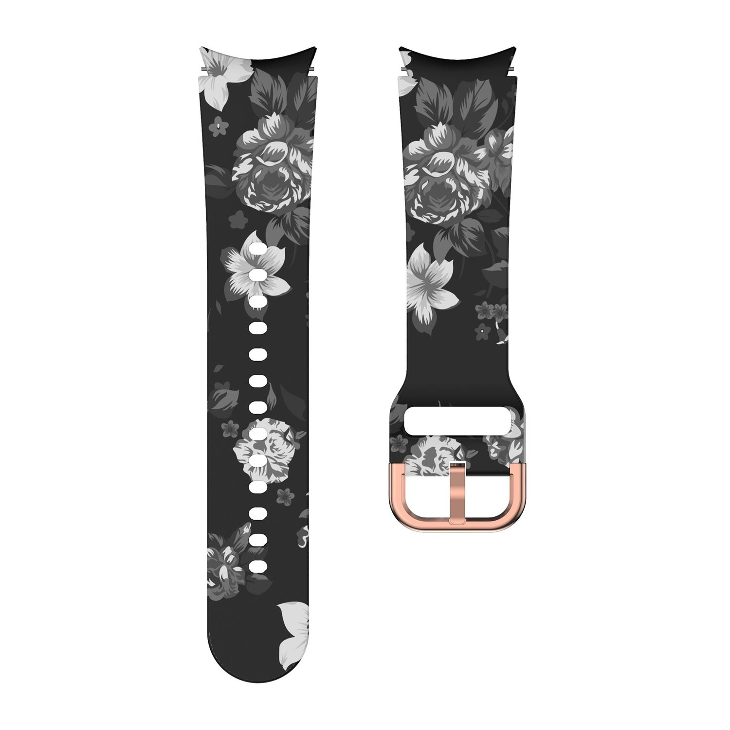 Zwei Uhrenarmbandteile. Das schwarze Band hat ein Blumenmuster. Eine goldene Schnalle ist vorhanden.
