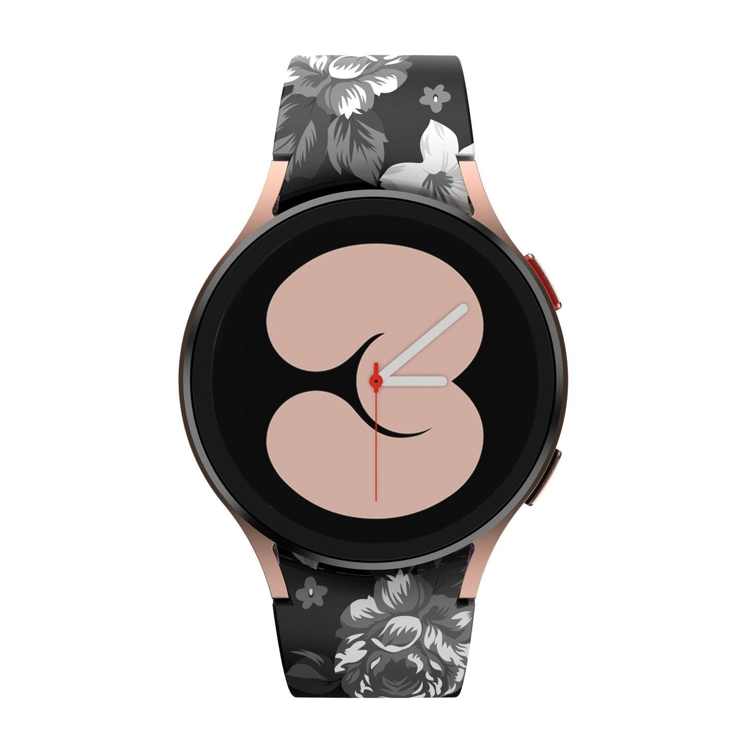 Eine schwarze Uhr mit einem floralen Armband. Das Band ist schwarz mit weißen und grauen Blumen. Die Uhr hat einen roségoldenen Rahmen.