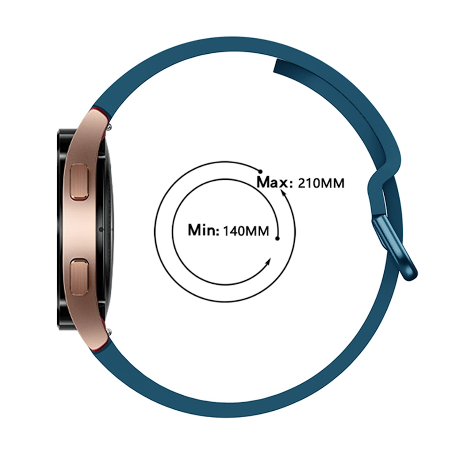 Seitenansicht einer Uhr mit blauem Armband, die einen Größenbereich zwischen 140 mm und 210 mm zeigt.