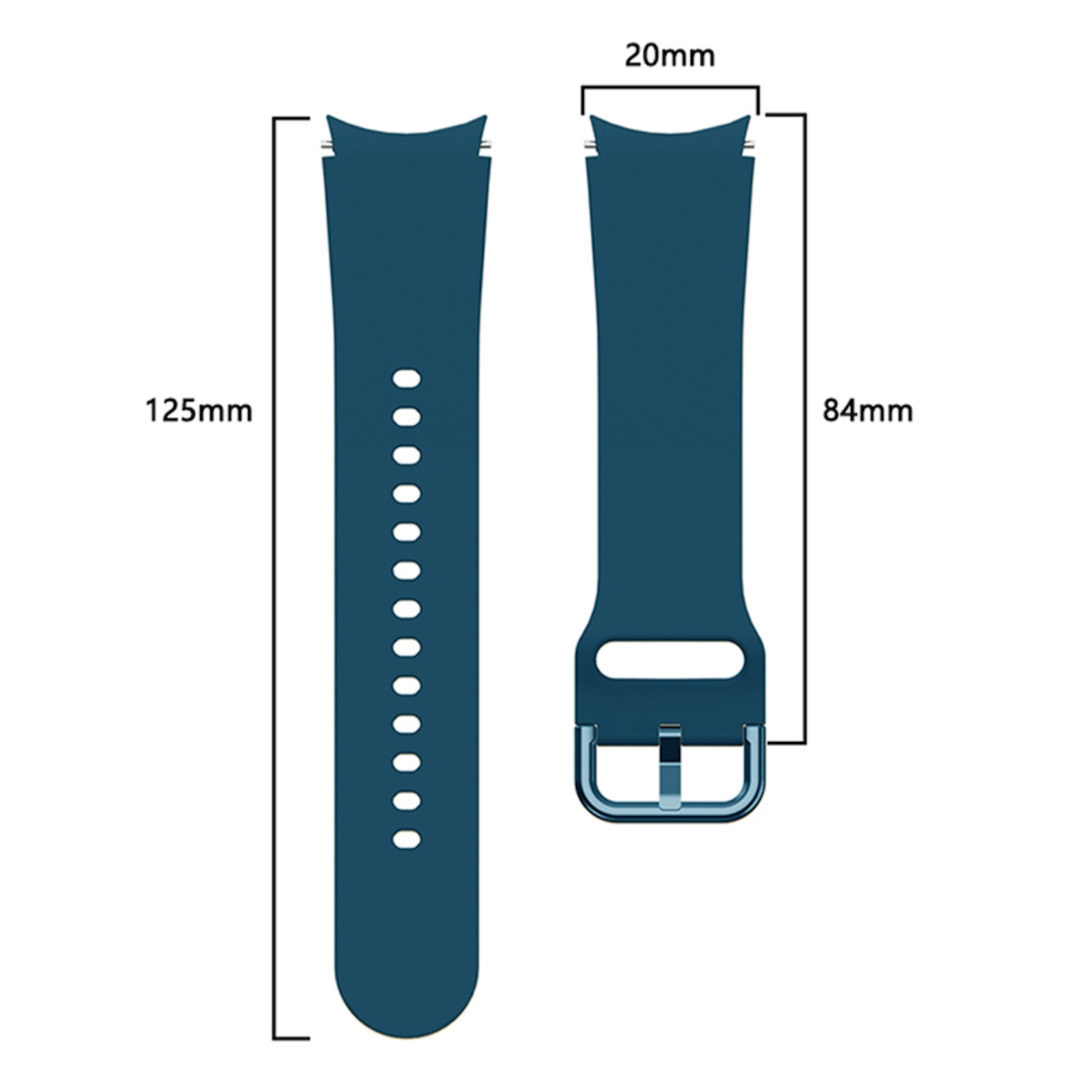Zwei Teile eines türkisfarbenen Uhrenarmbands. Eines ist das Hauptband mit Löchern, das andere die Schnallenseite mit Maßen.