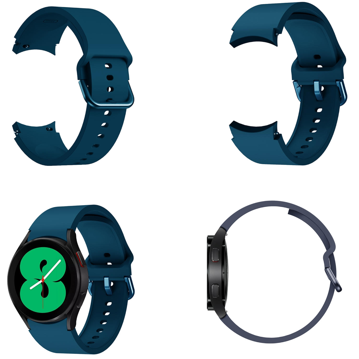 Mehrere Ansichten einer Uhr mit dunkelblauem Armband. Eine zeigt eine grüne Anzeige.