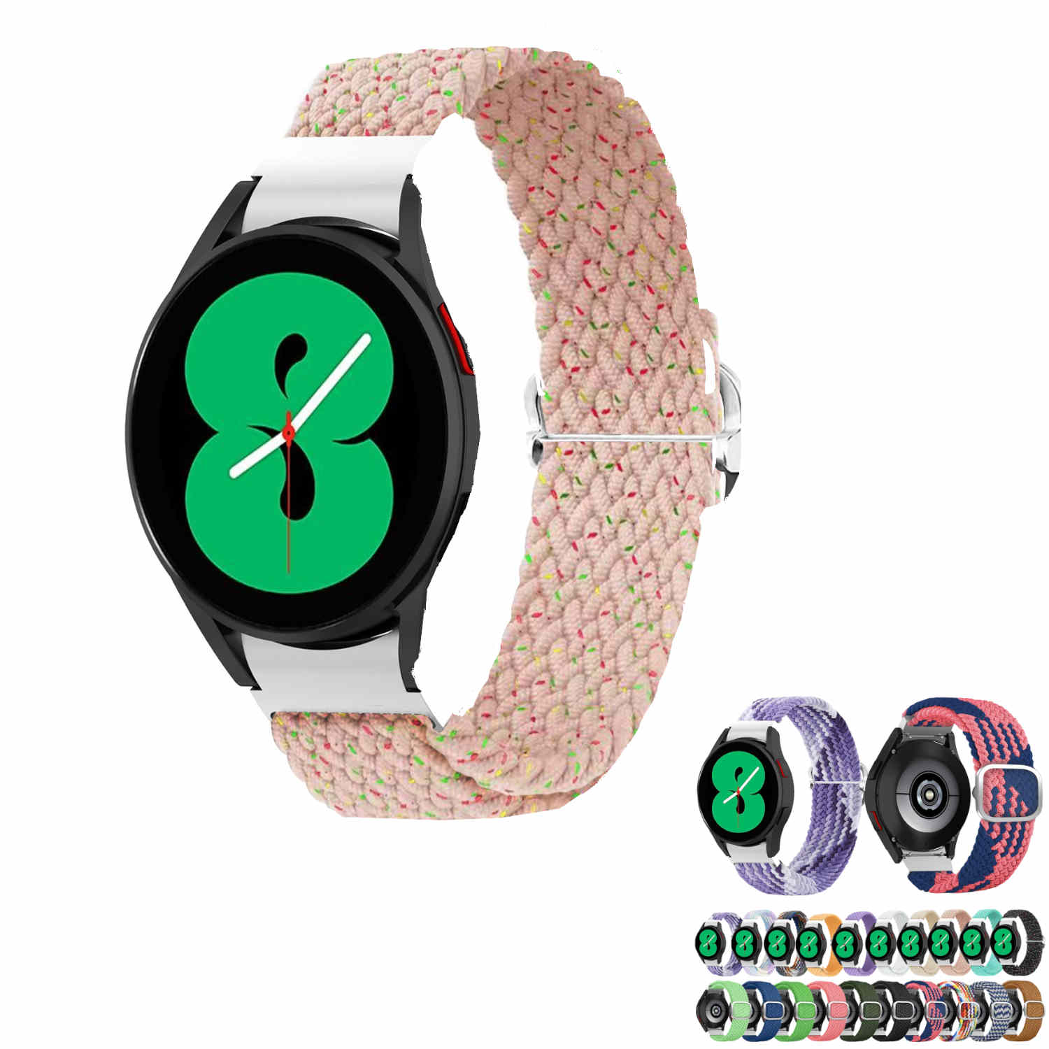 Rosa geflochtenes Uhrenarmband und eine dunkle Smartwatch. Das Zifferblatt zeigt einen grünen Kreis.