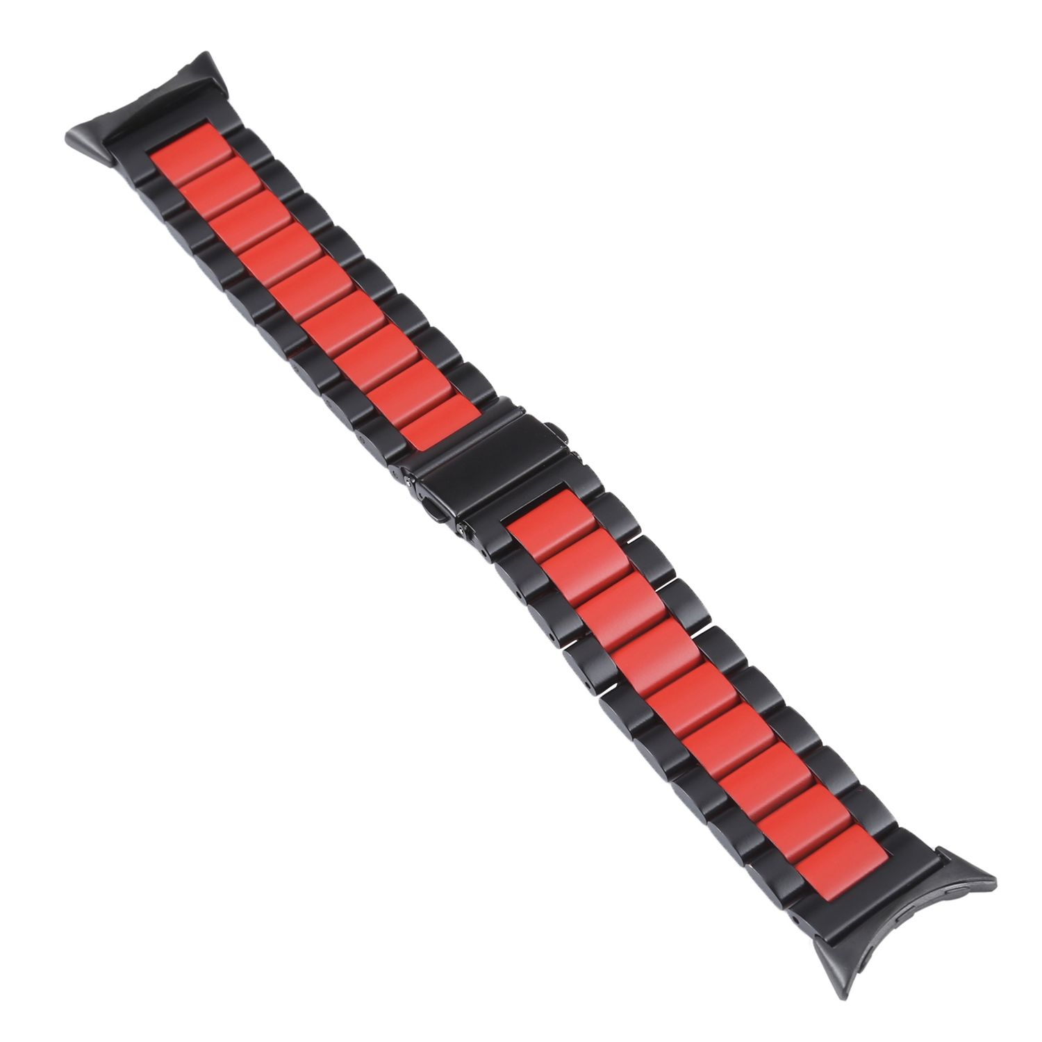Schwarzes und rotes Uhrenarmband mit Metallgliedern, vor weißem Hintergrund, schräge Ansicht.