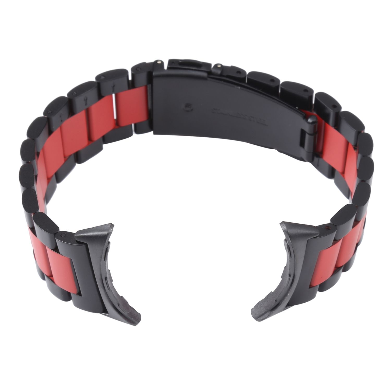 Schwarzes Uhrenarmband mit roten Akzenten, Metallverschluss.