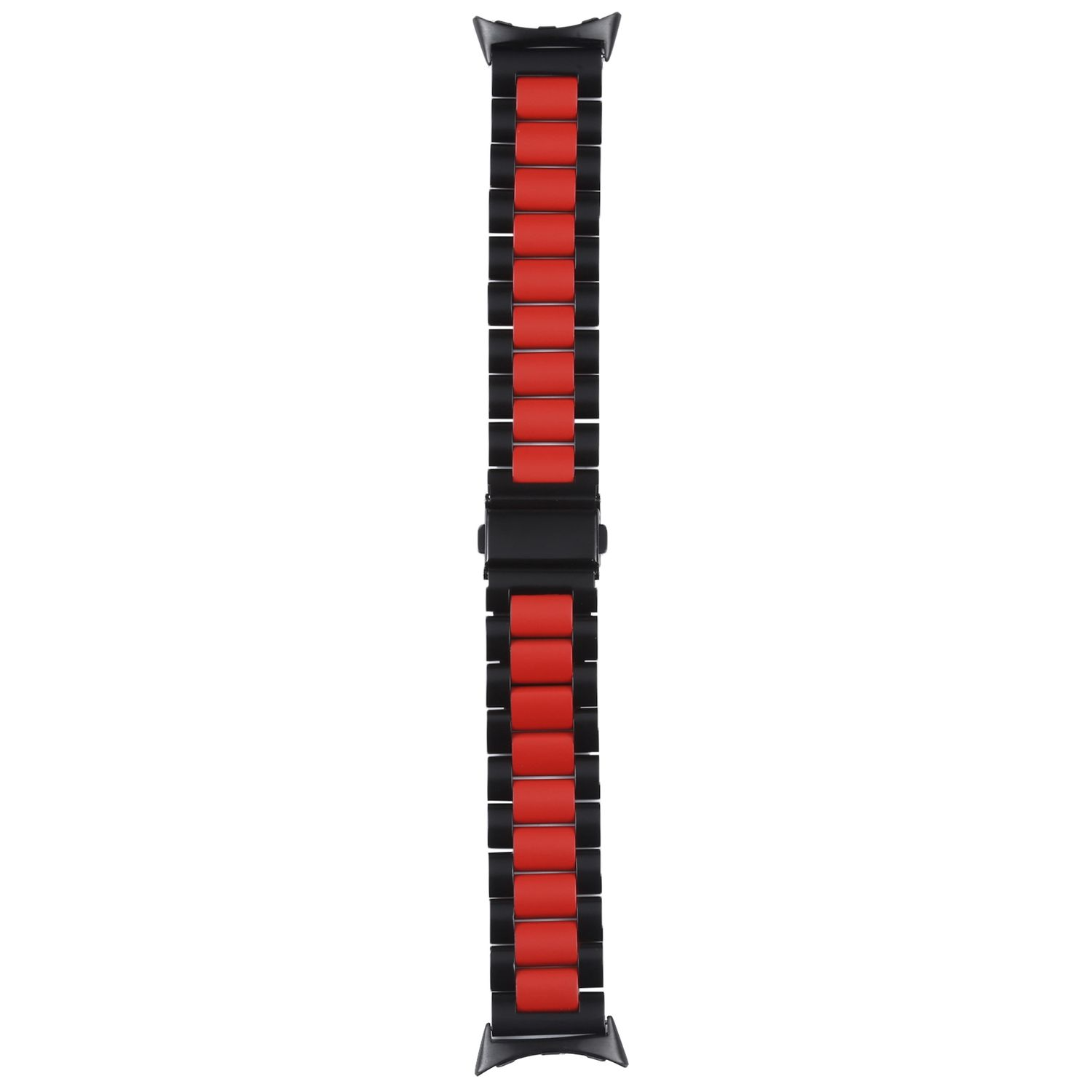Schwarzes Uhrenarmband mit roten Akzenten, ein Metallverschluss.