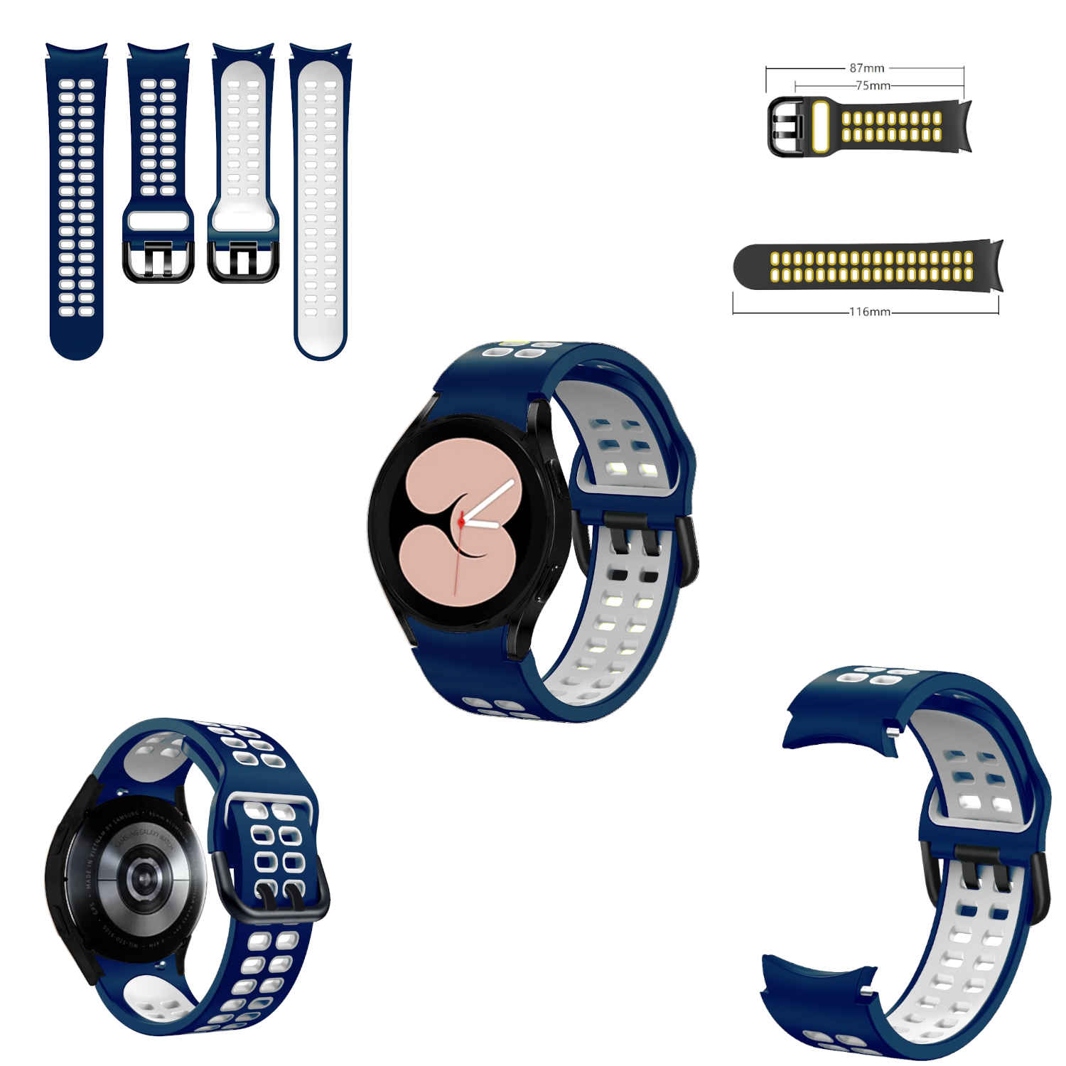 Ein Set von Uhrenarmbändern und einer Uhr. Es gibt Diagramme, die Bandabmessungen zeigen.