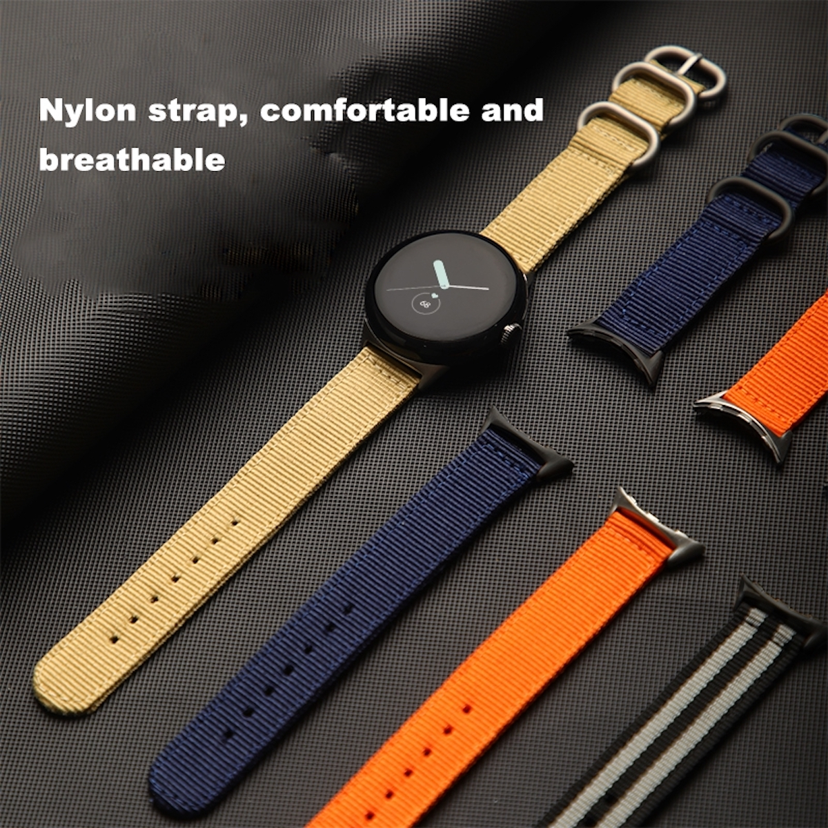 Smartwatch auf einer Oberfläche mit verschiedenen Uhrenarmbändern. Die Uhr hat ein gelbes Armband.