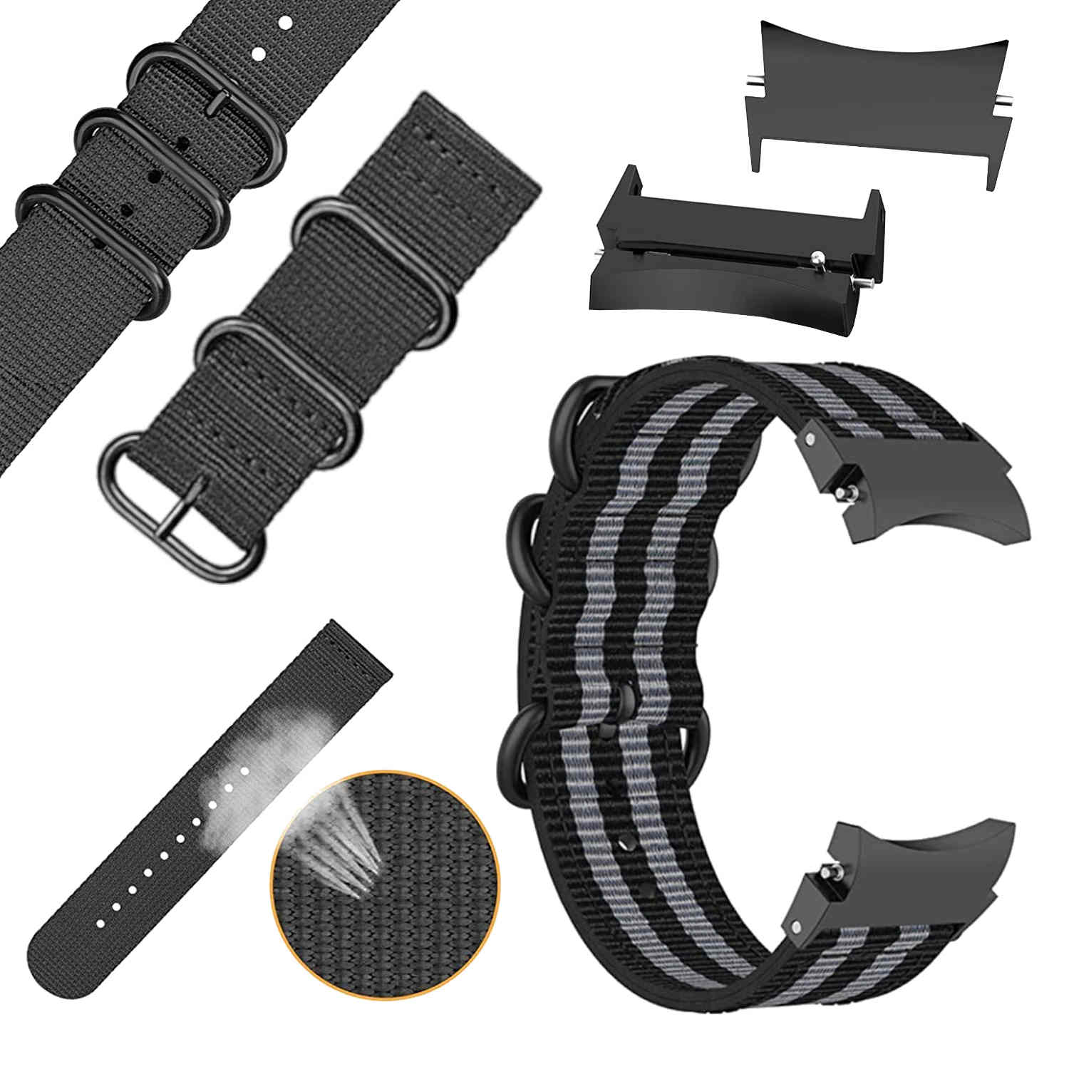 Schwarze Uhrenarmbänder mit grauen Streifen und Metallringen.