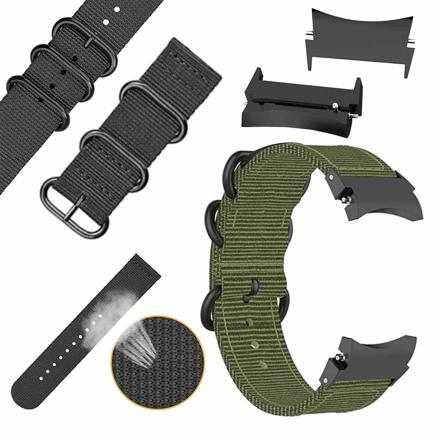 Verschiedene schwarze und grüne Uhrenarmbänder. Ein Armband hat mehrere schwarze Ringe. Ein anderes ist grün mit schwarzen Ringen.