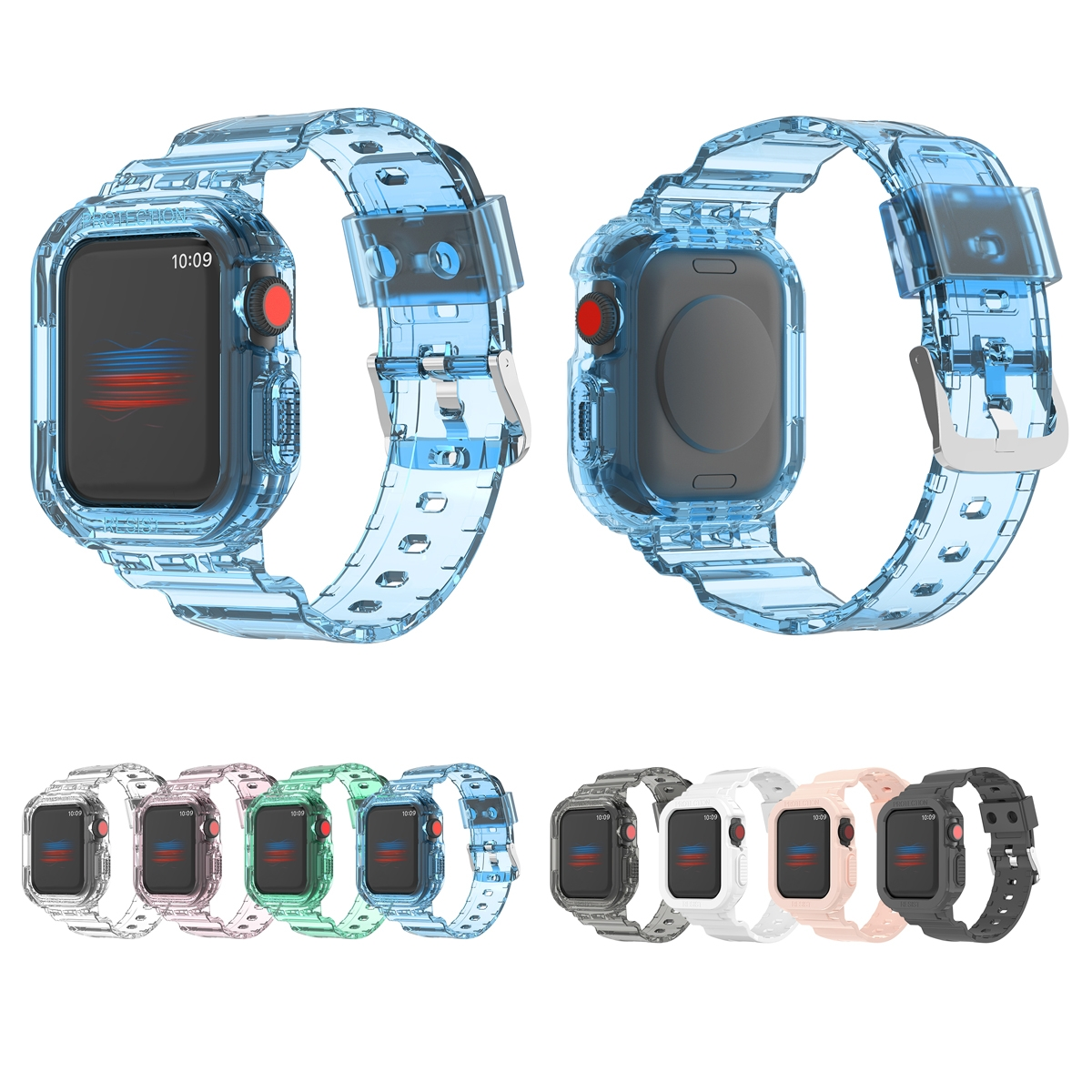 Zwei transparente blaue Apple Watch Armbänder mit Apple Watch und andere Farben.
