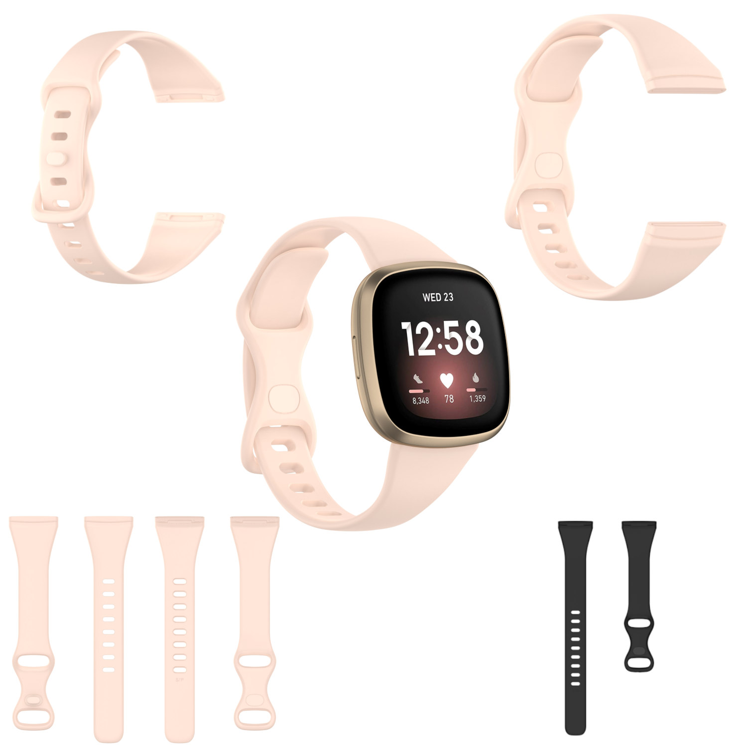 Eine Smartwatch mit schwarzem Bildschirm zeigt die Uhrzeit an. Pinke Armbänder sind um die Uhr herum abgebildet.