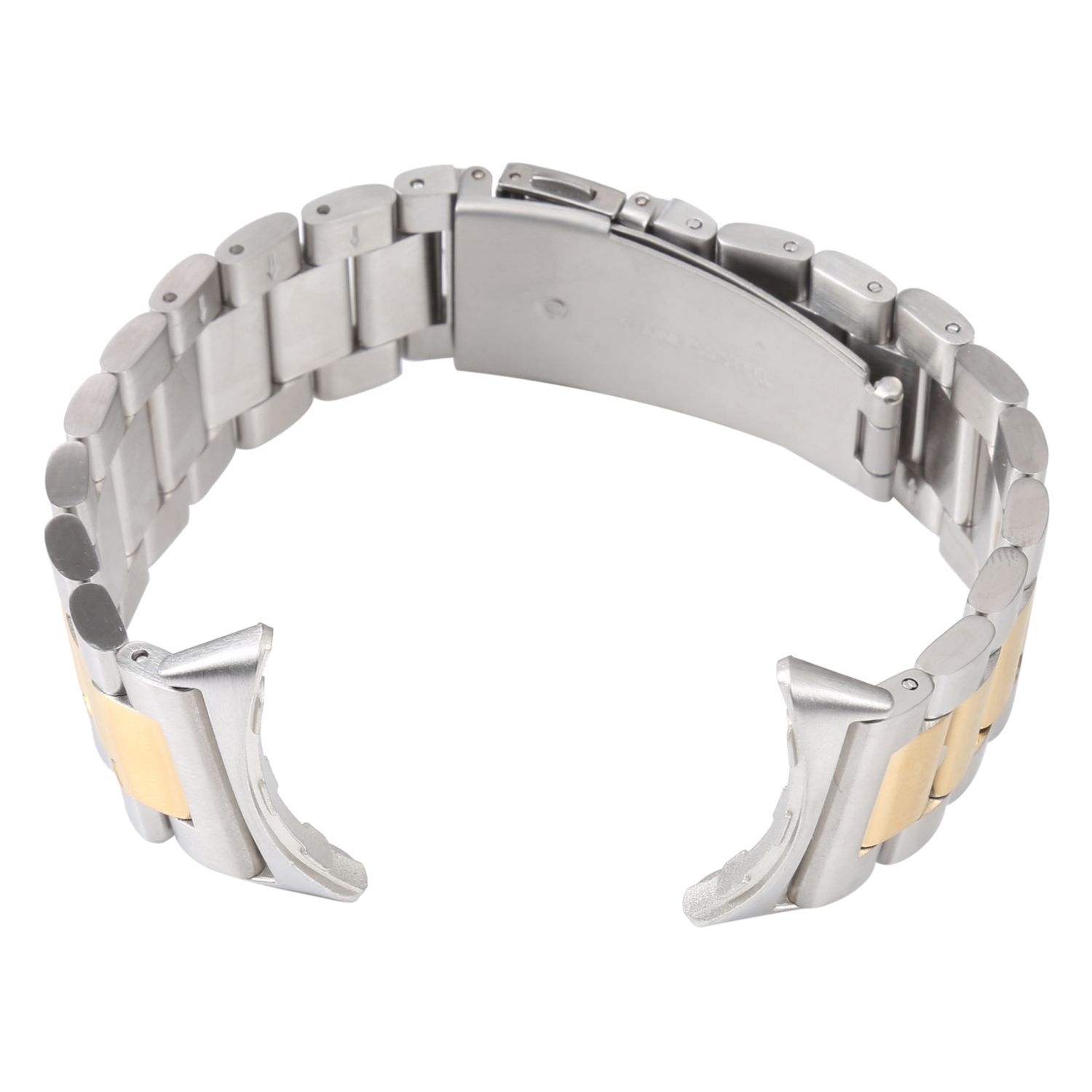 Silbernes Uhrenarmband mit goldenen Akzenten und einem Verschluss. Das Armband ist offen.