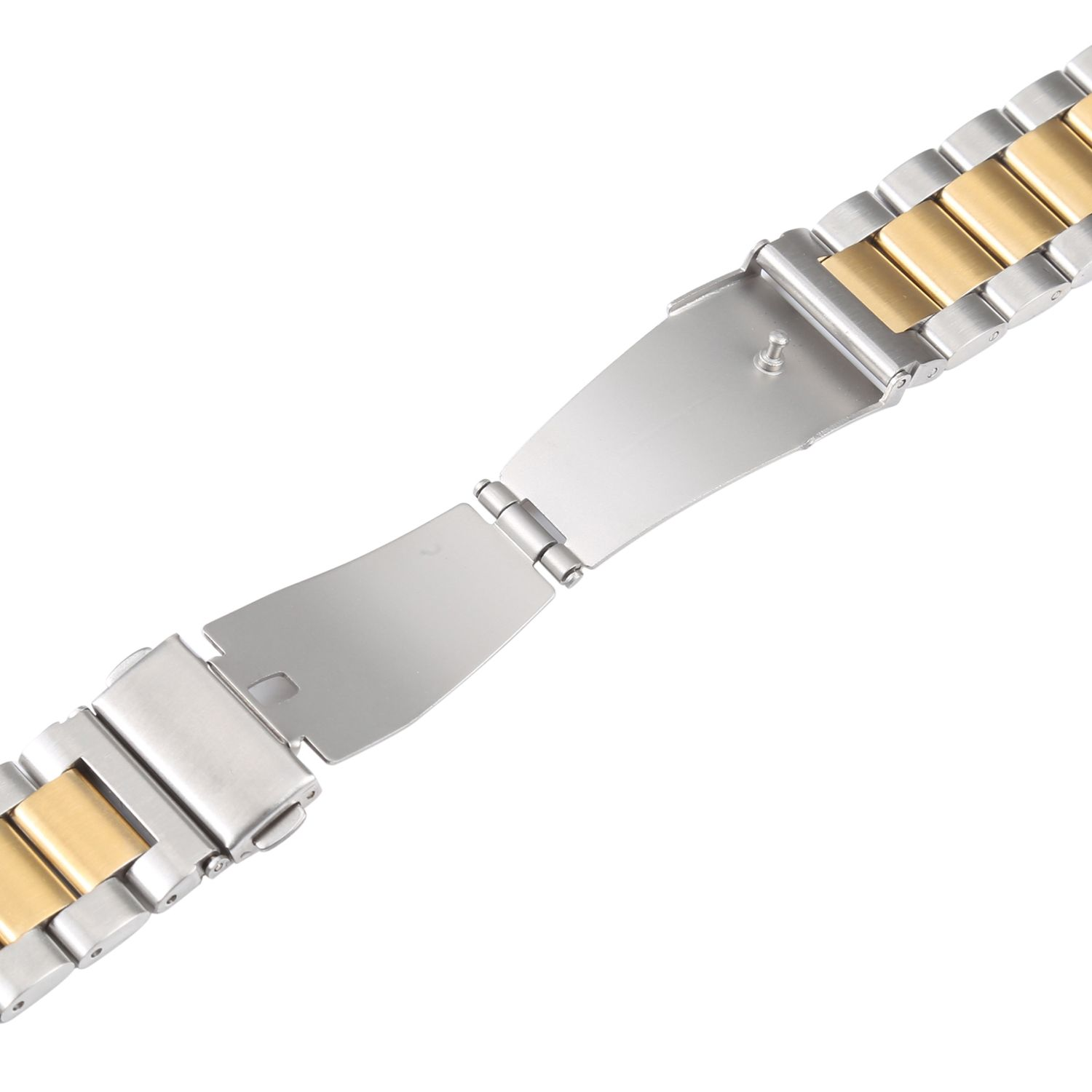 Silbernes und goldenes Uhrenarmband in zwei Teilen, Nahaufnahme auf weißem Hintergrund.