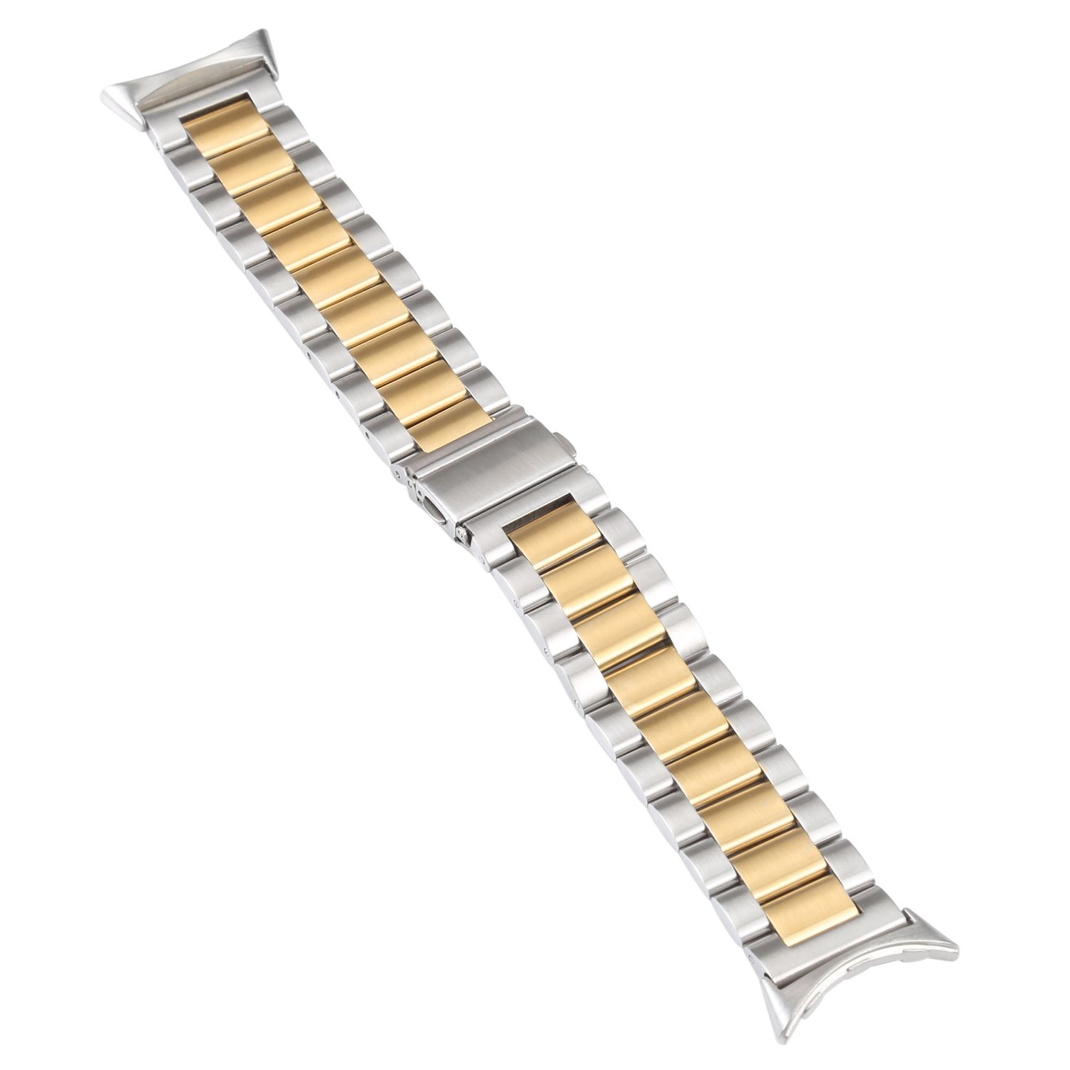 Silbernes Uhrenarmband mit goldenen Gliedern. Das Armband ist gerade und offen.