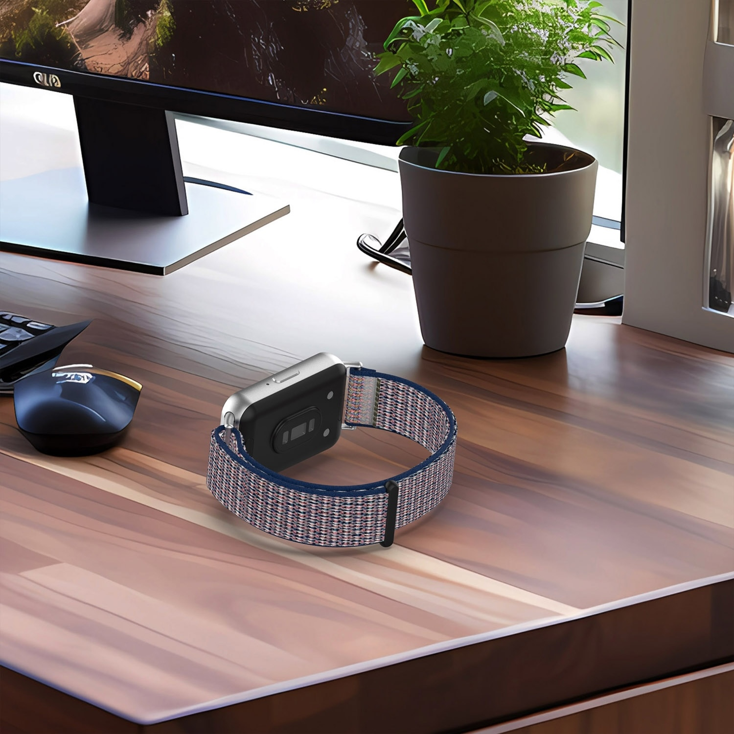 Uhr auf einem Holzschreibtisch mit Monitor, Maus und Pflanze. Das Uhrenarmband ist blau und rot.