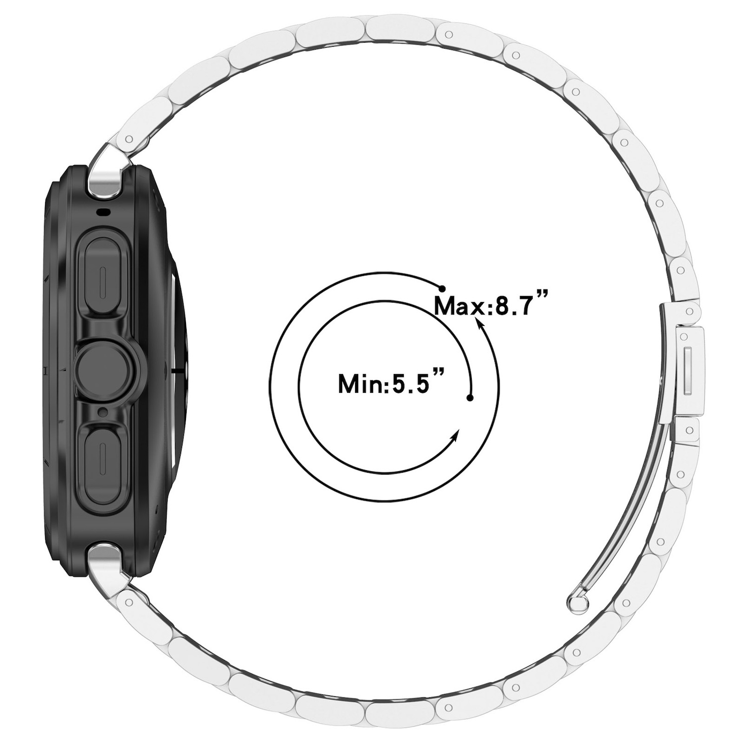Seitenansicht einer schwarzen Smartwatch mit silbernem Band. Messungen der Bandlänge werden gezeigt.