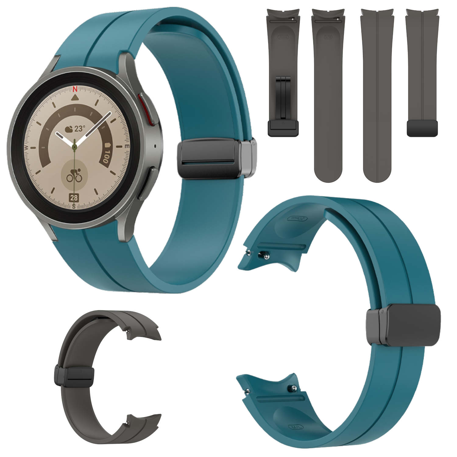 Smartwatch mit teal-farbenem Armband und Ersatzbändern. Enthält Uhr, Armband und Bandteile.