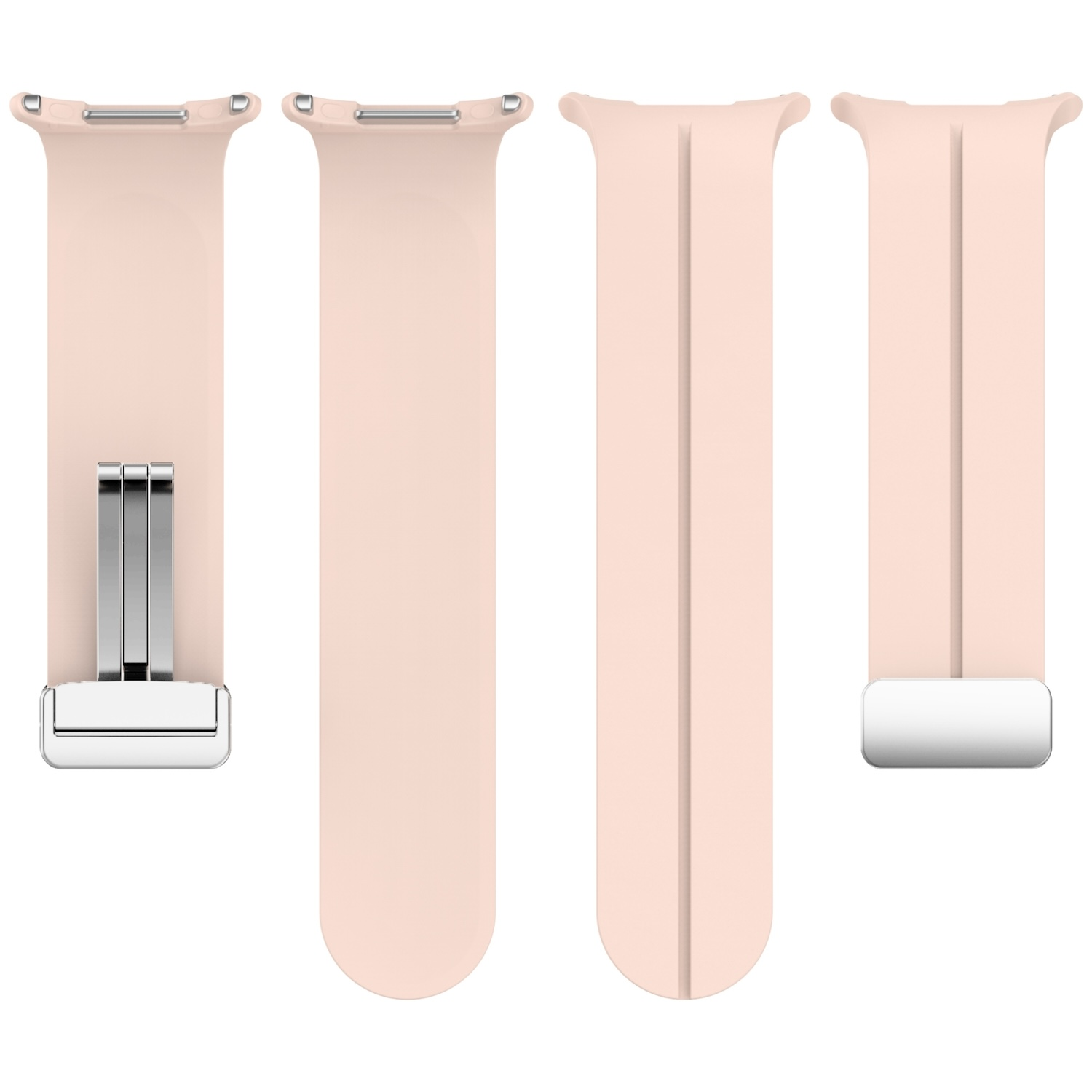 Vier rosa Uhrenarmbänder. Eines hat eine silberne Schließe. Weißer Hintergrund.