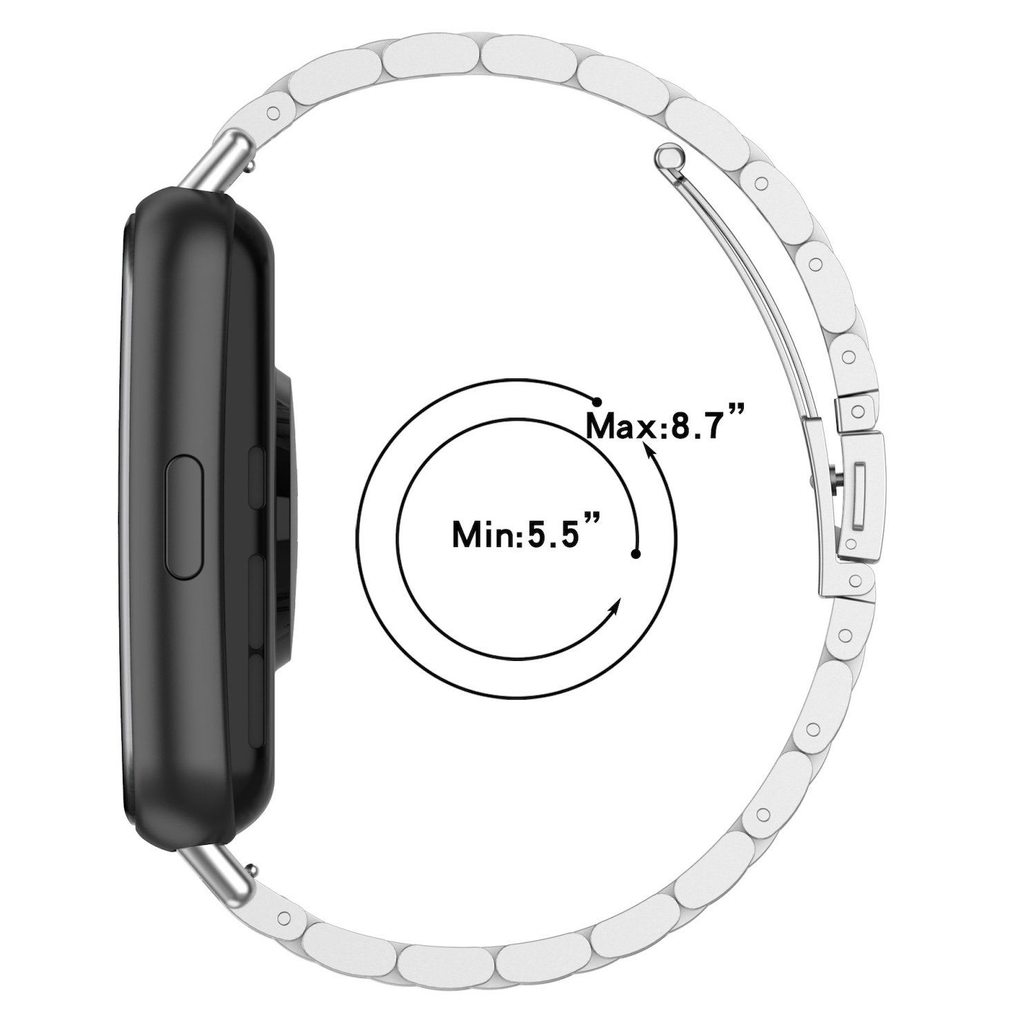 Schwarze Smartwatch mit Metallband, Seitenansicht, mit Min/Max-Handgelenkgrößenanzeigen.