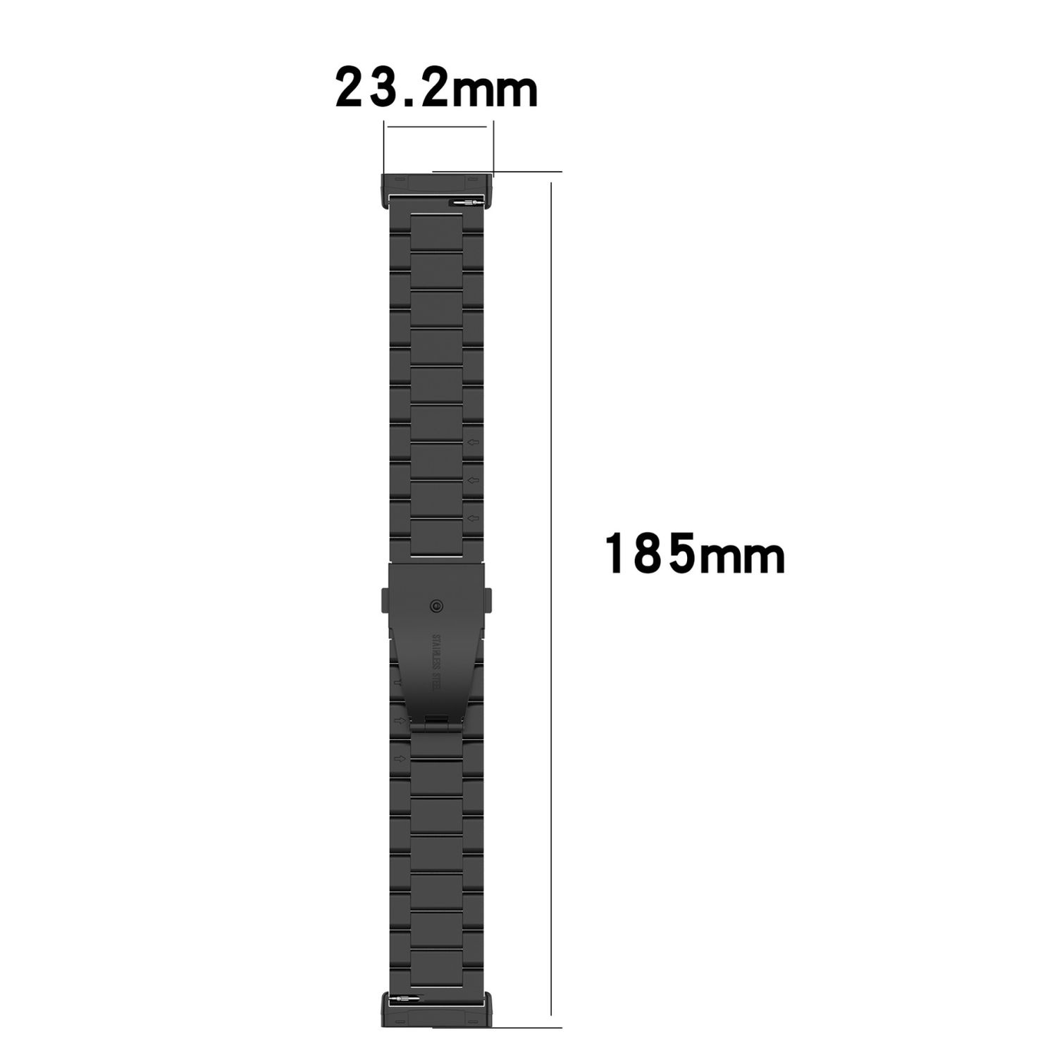Schwarzes Metall-Uhrenarmband, mit Abmessungen, mit Edelstahl-Text, weißer Hintergrund.