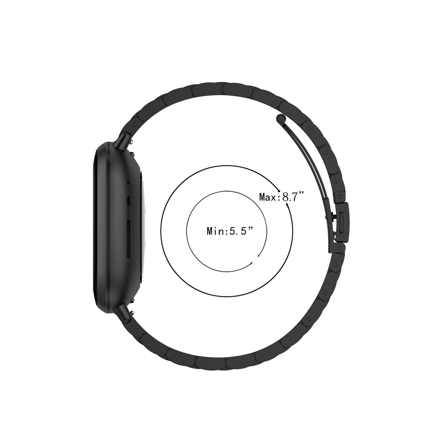 Schwarze Smartwatch mit schwarzem Band, Seitenansicht, mit Min/Max-Handgelenkgrößenanzeigen.