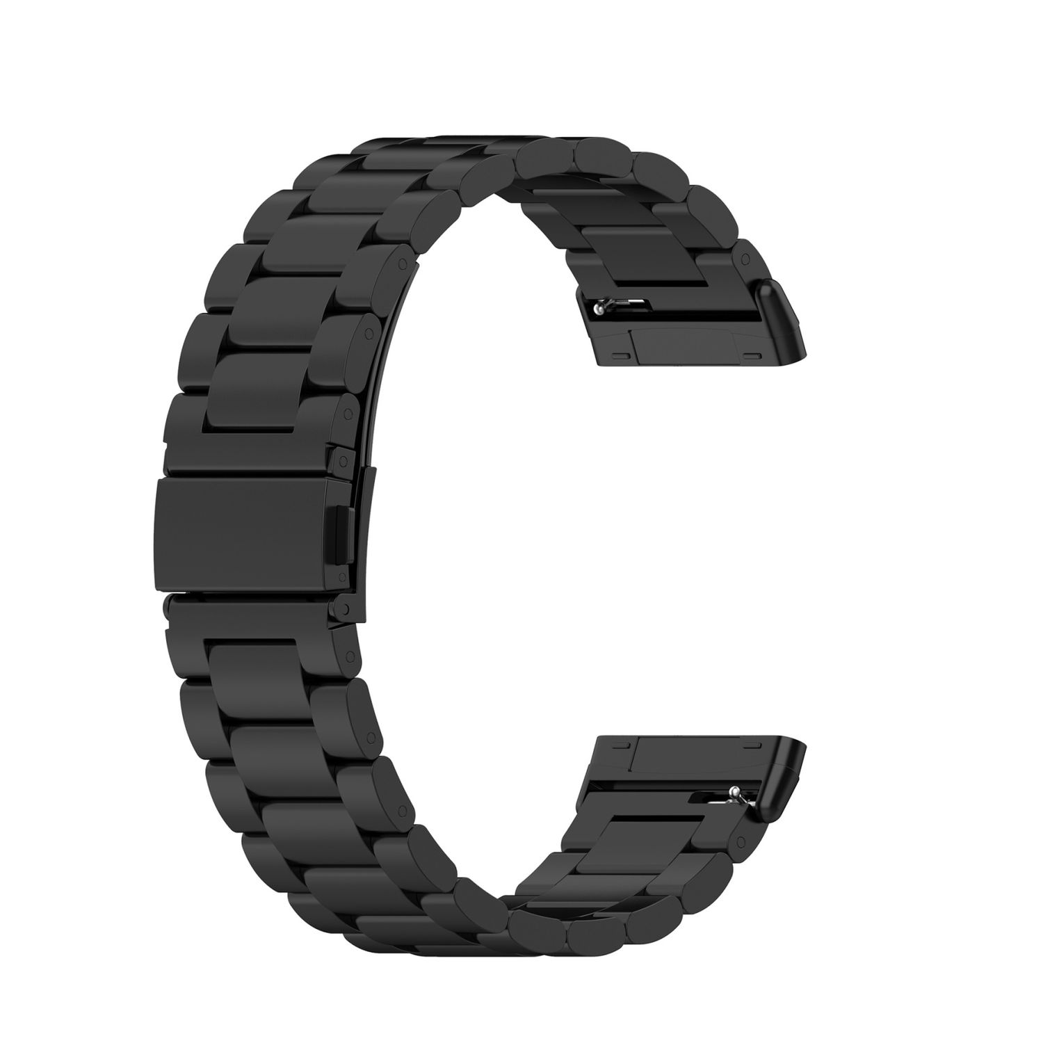 Schwarzes Smartwatch-Armband. Das Armband ist im Kettenglied-Stil. Es ist einfarbig.