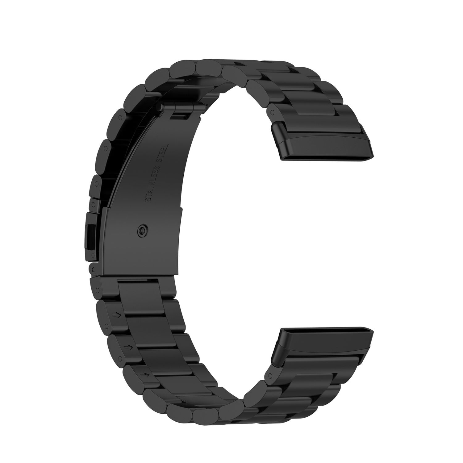Schwarzes Metall-Uhrenarmband, mit Edelstahl-Text, Verschluss offen, auf weißem Hintergrund.