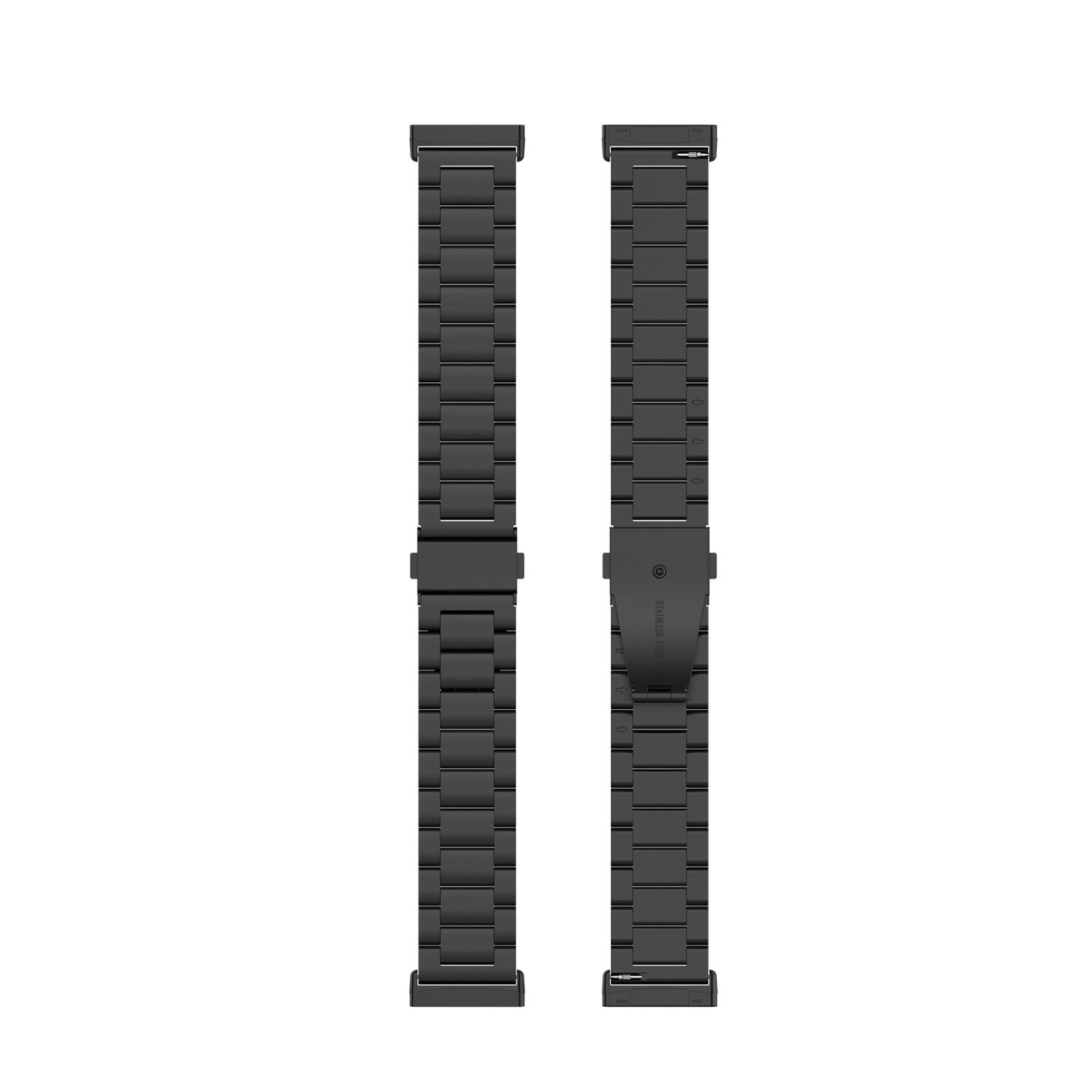 Zwei schwarze Metall-Uhrenarmbänder, mit Edelstahl-Text, Verschluss offen, weißer Hintergrund.