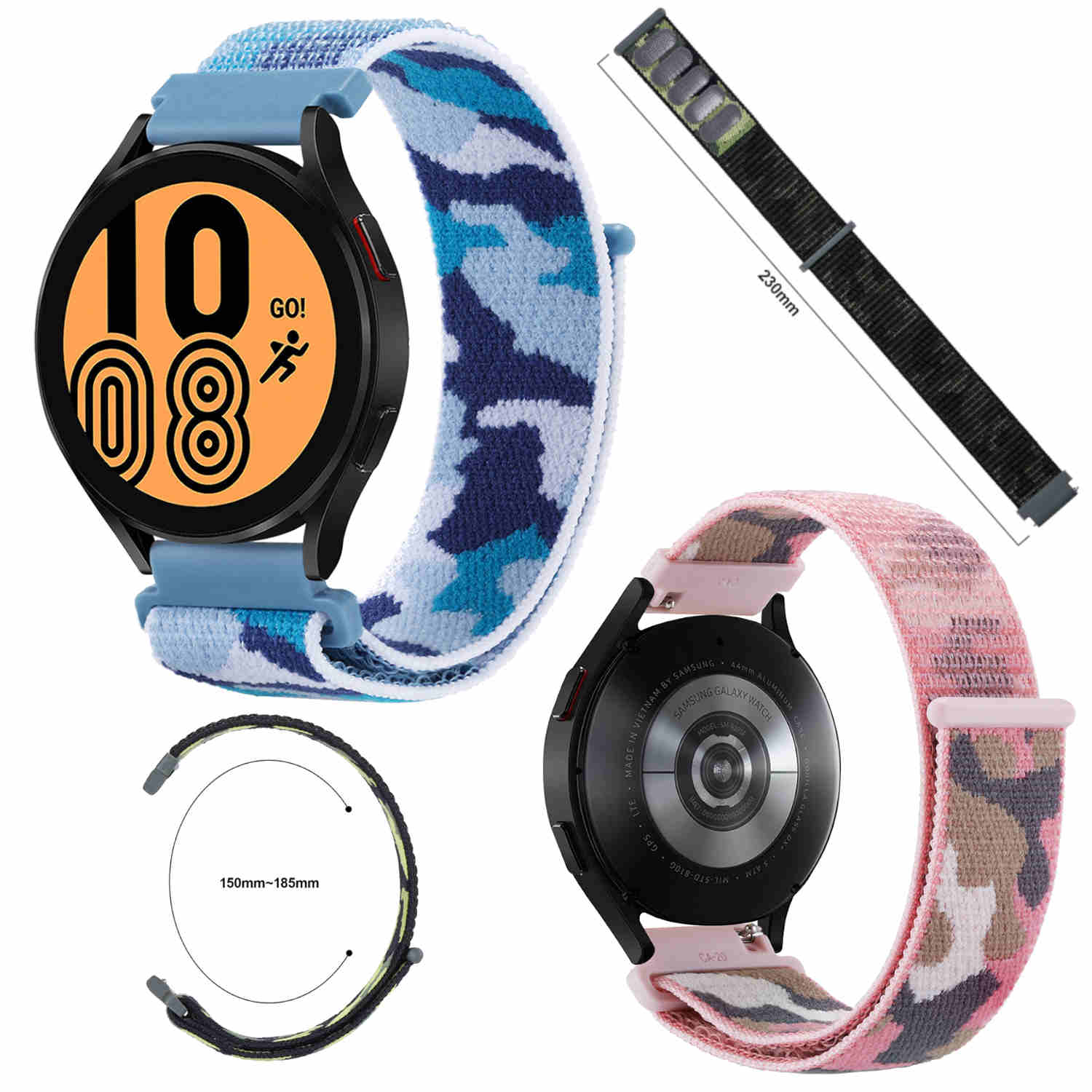 Smartwatch mit Tarnband und ein weiteres mit pinkfarbenem Tarnband, mit Bandmaßen.