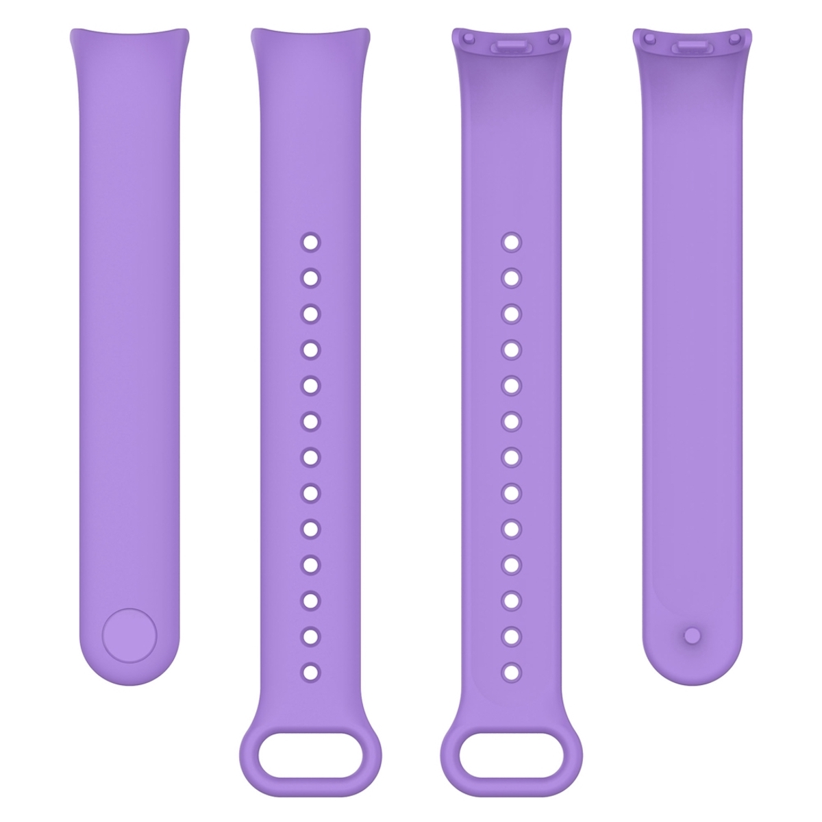 Vier violette Uhrenarmbänder mit Löchern und einer Schnalle, angeordnet für eine Produktpräsentation.