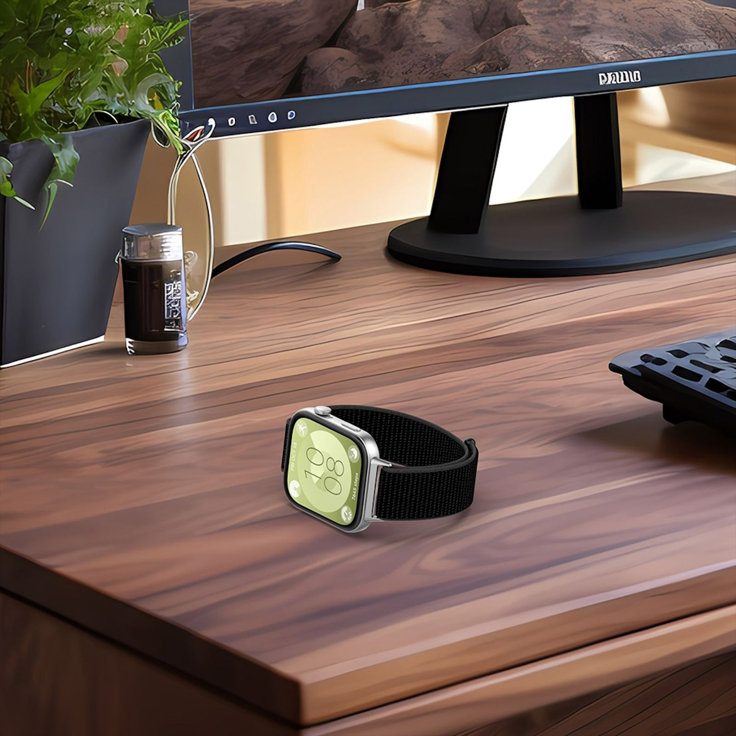 Smartwatch auf einem Holztisch in der Nähe eines Computermonitors und einer Topfpflanze.