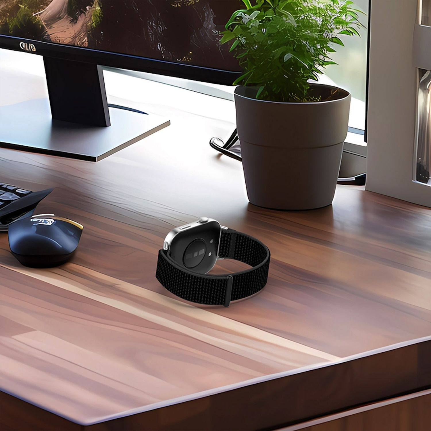 Eine Smartwatch mit schwarzem Armband auf einem Holzschreibtisch, ein Computermonitor und eine Maus.