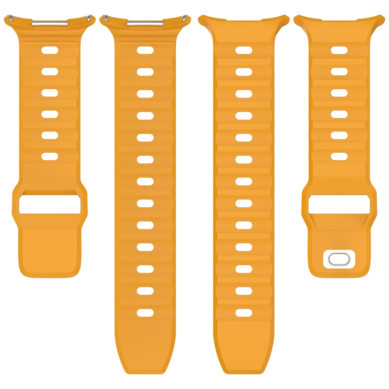 Vier orangefarbene Uhrenarmbänder mit Löchern und einer Schnalle, angeordnet für eine Produktpräsentation.