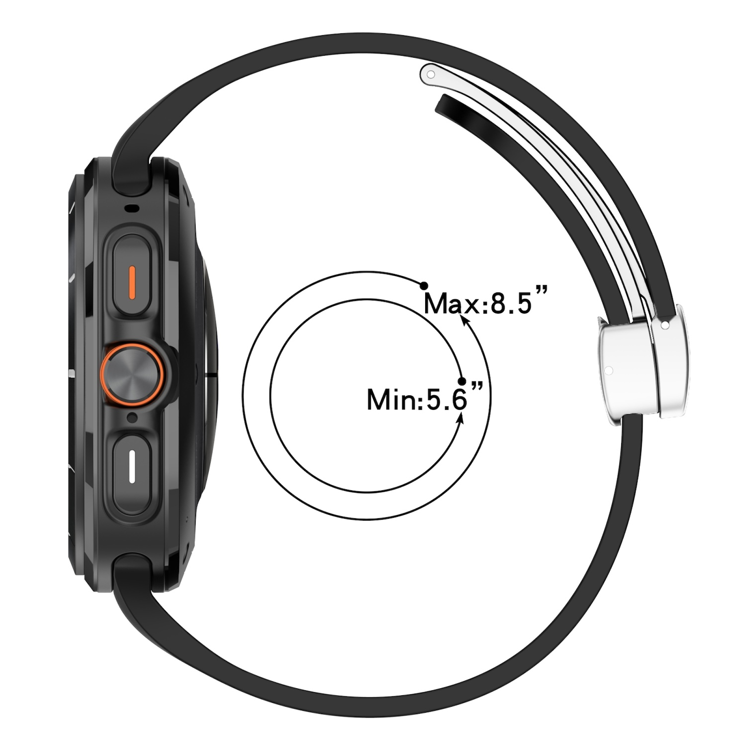 Eine schwarze Smartwatch mit schwarzem Armband und einer kreisförmigen Messung.