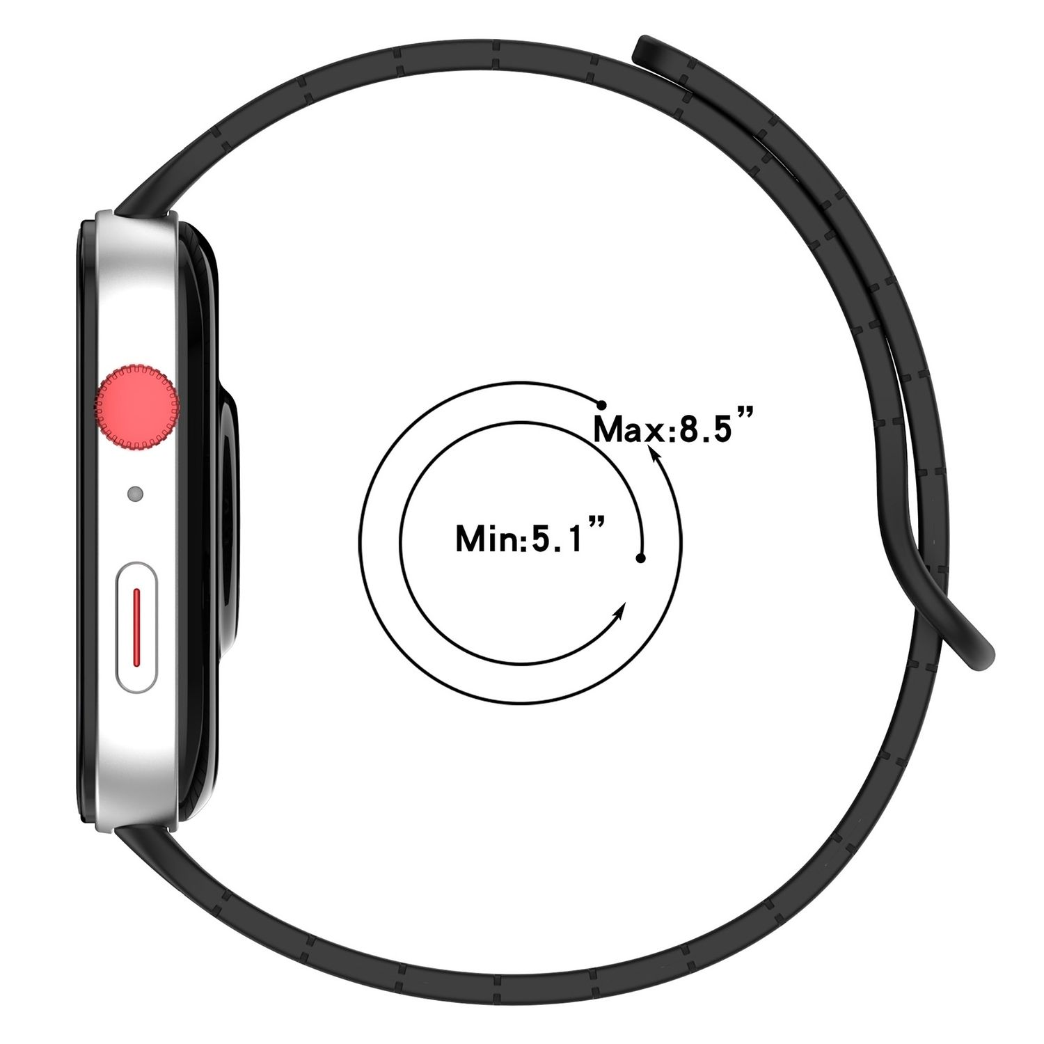 Draufsicht auf eine Smartwatch mit schwarzem Armband. Ein Kreis zeigt Mindest- und Maximalgröße.