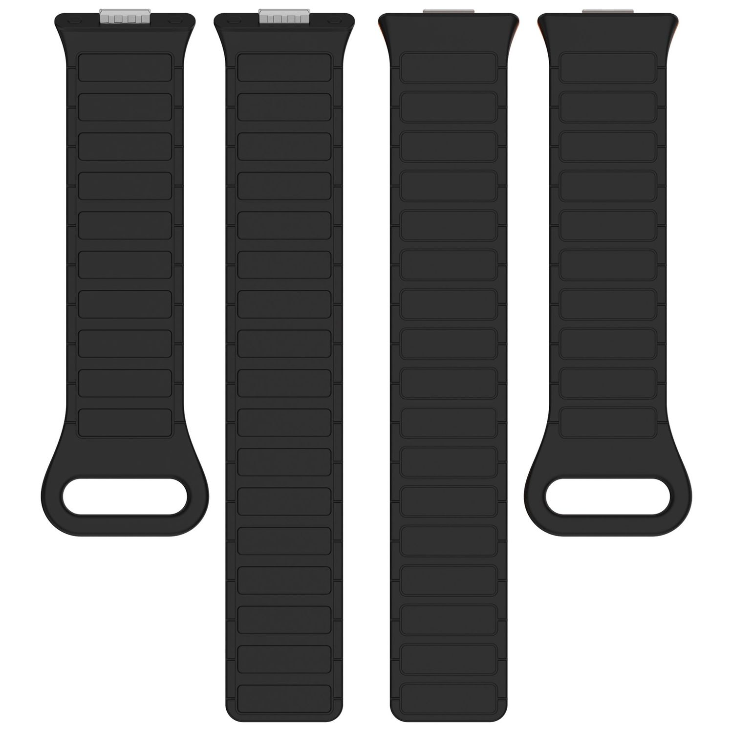 Vier schwarze Uhrenarmbänder. Rechteckige Form mit Löchern.