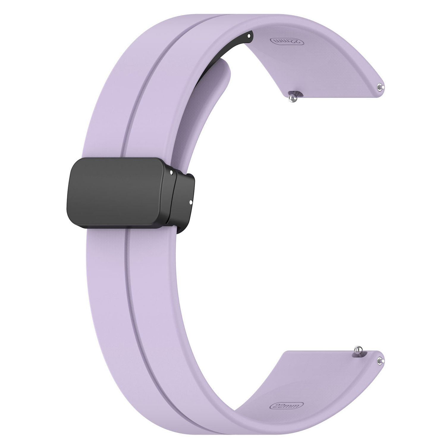 Helllila Uhrenarmband. Es ist gebogen mit einer schwarzen Schließe. Der Hintergrund ist weiß.