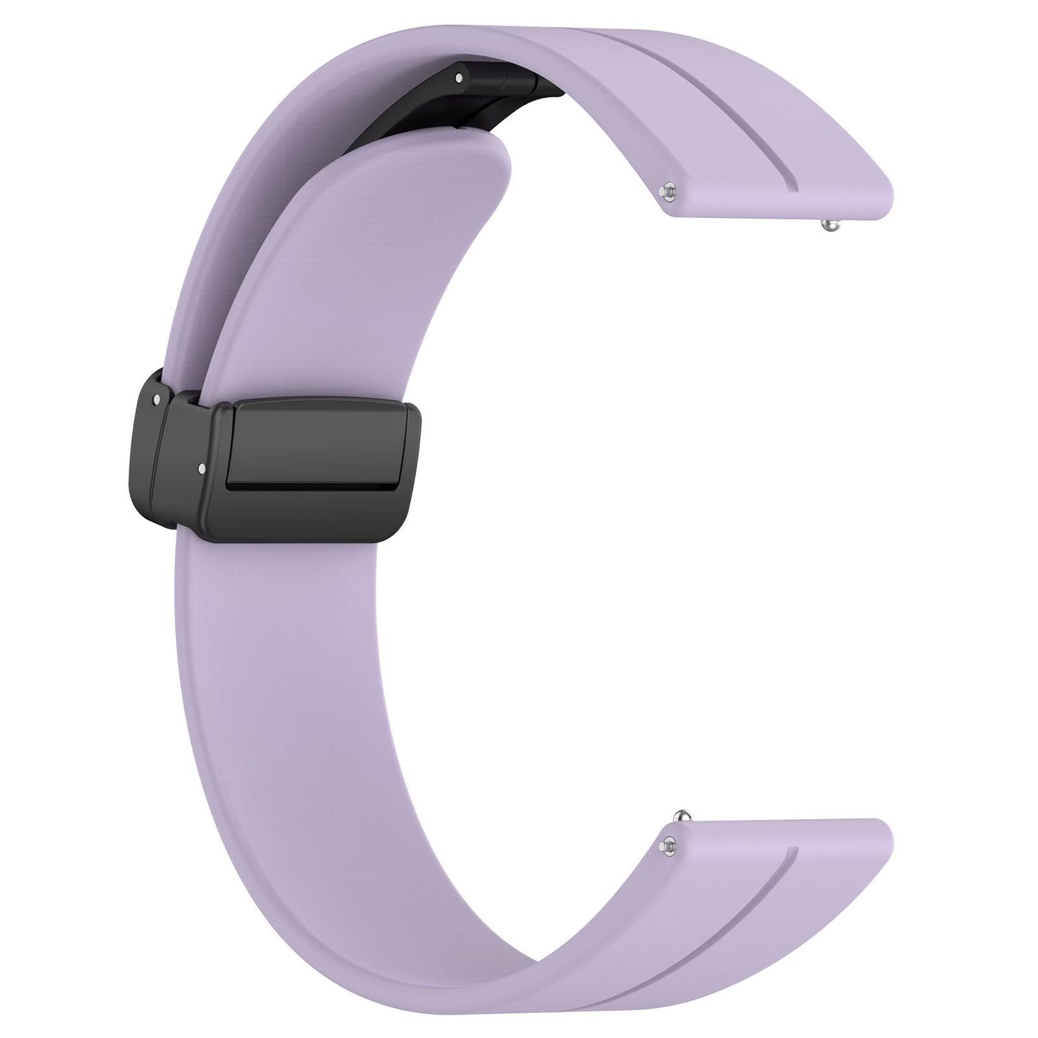 Lilafarbenes Uhrenarmband. Gebogenes Design, schwarze Schnalle. 22mm Markierung. Weißer Hintergrund.
