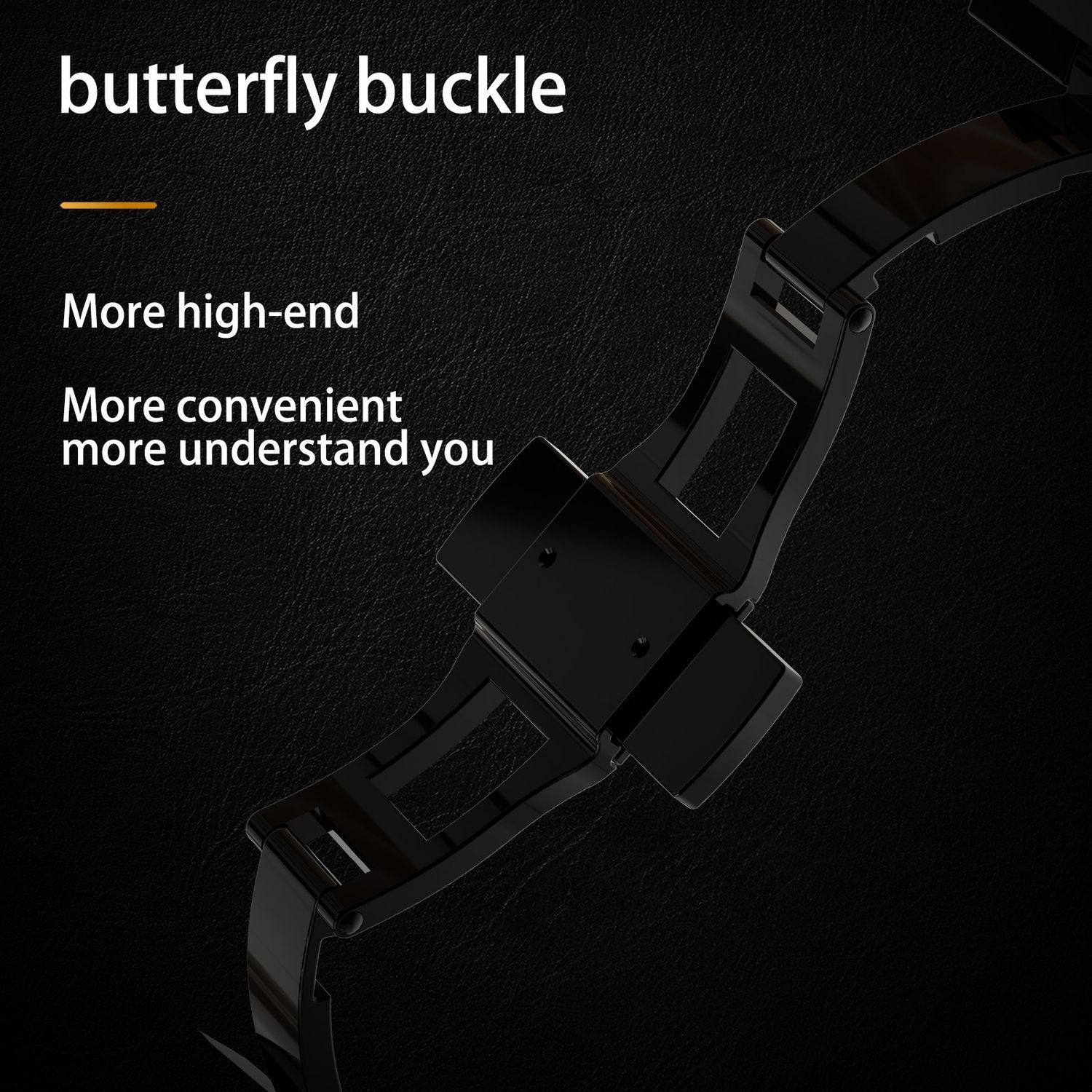 Ein schwarzes Metall-Uhrenarmband mit Butterfly-Schließe. Es ist eine Nahaufnahme.