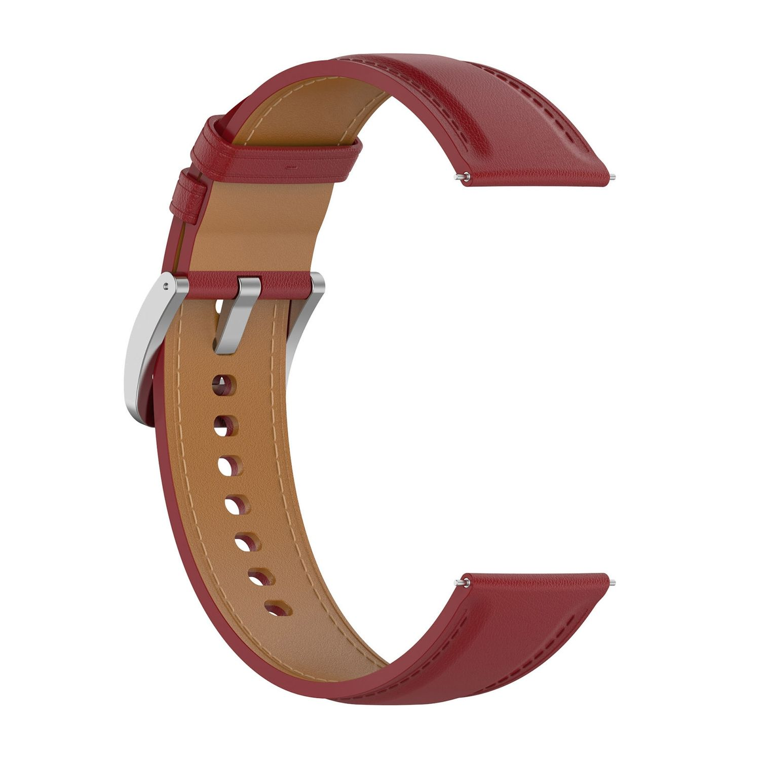 Ein rotes Uhrenarmband aus Leder mit einer silbernen Metallschnalle.