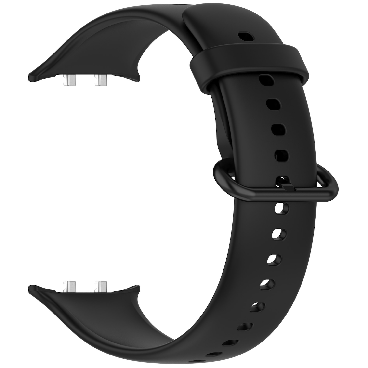 Schwarzes Uhrenarmband, gebogenes Design, mit Schnalle und Löchern zur Anpassung. Es besteht aus Gummi.