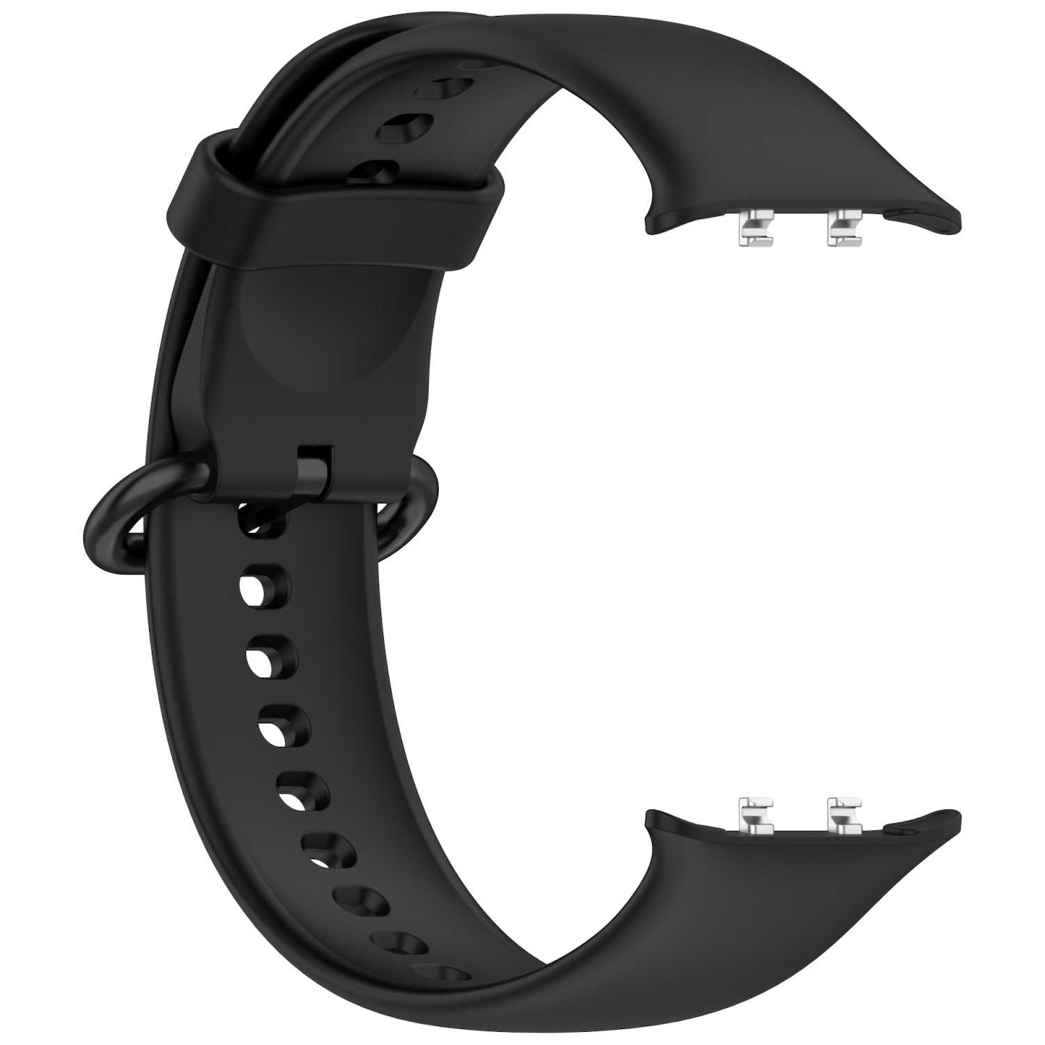 Schwarzes Uhrenarmband mit Schnalle. Es gibt Löcher zur Anpassung. Das Armband besteht aus Gummi.