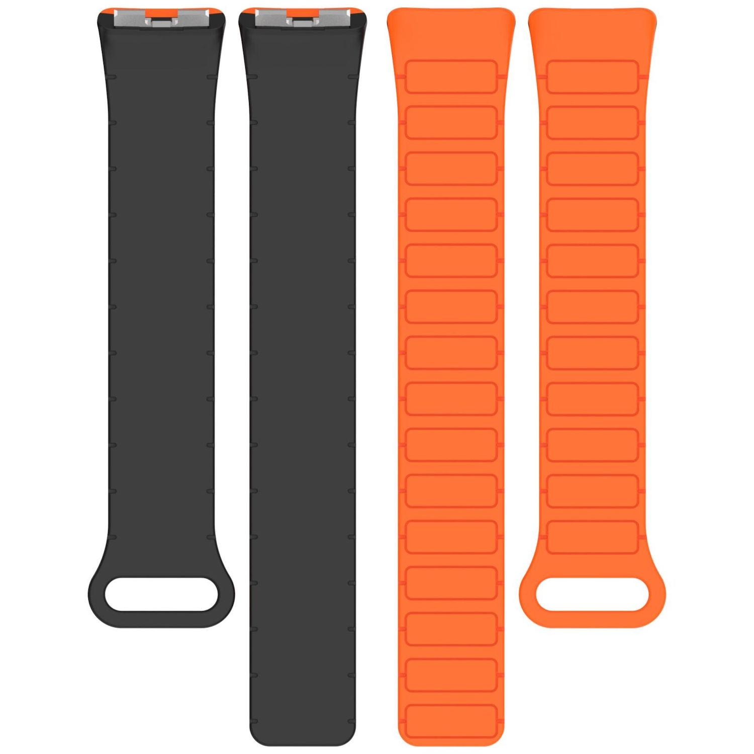 Uhrenarmbänder, schwarz und orange. Sie sind lang, mit einer Öffnung am Ende. Das Armband besteht aus Silikon.