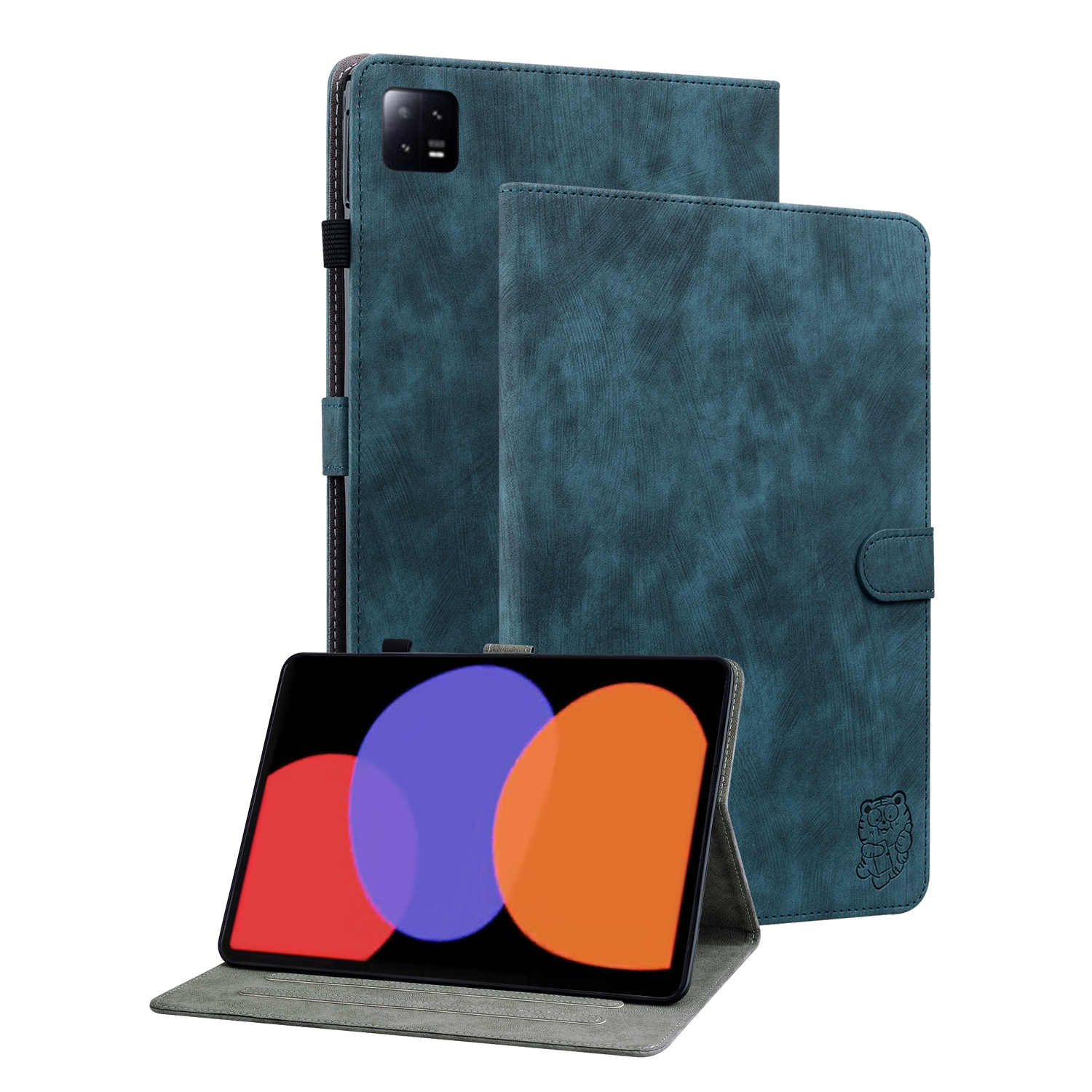 Tablet in einer blauen Folio-Hülle. Die Hülle ist geöffnet und zeigt den Bildschirm des Tablets. Kleines Bärenlogo sichtbar.