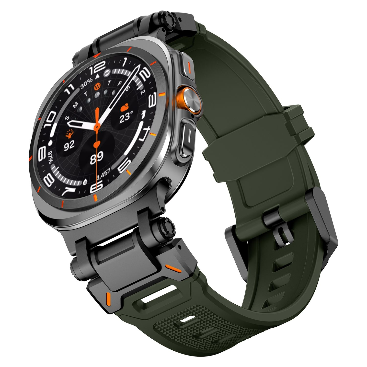 Nahaufnahme einer Smartwatch mit grünem Armband und metallischem Rahmen mit Digitalanzeige.