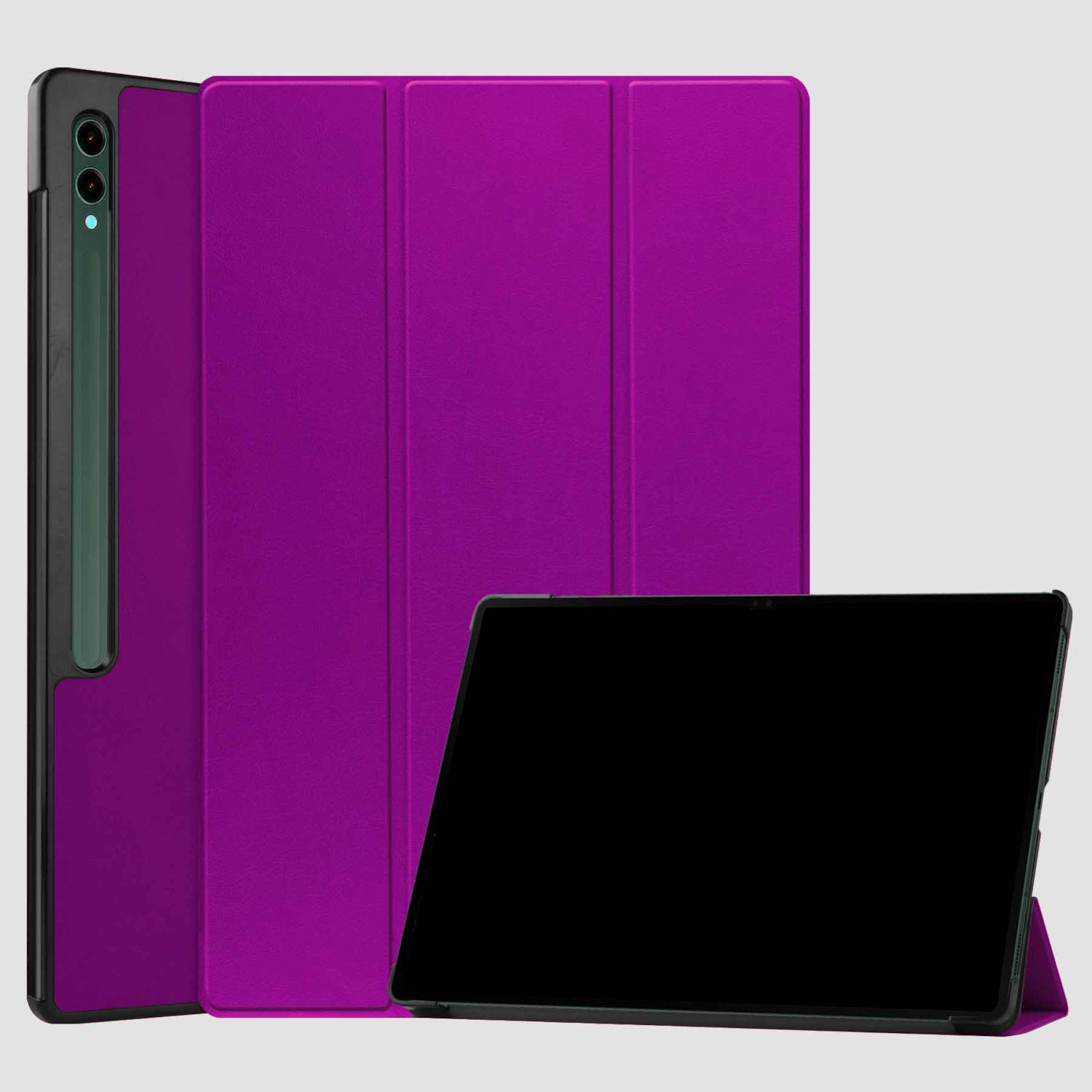 Lila Tablet-Hülle mit schwarzem Rand, offen und geschlossen. Tablet ist schwarz, Hintergrund hellgrau.