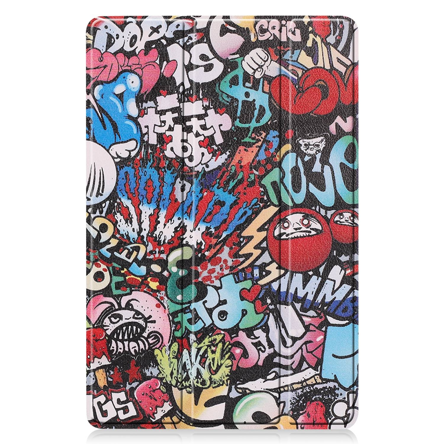 Eine Tablet-Hülle mit Graffiti-Design wird gezeigt, voller bunter Wörter und Illustrationen.