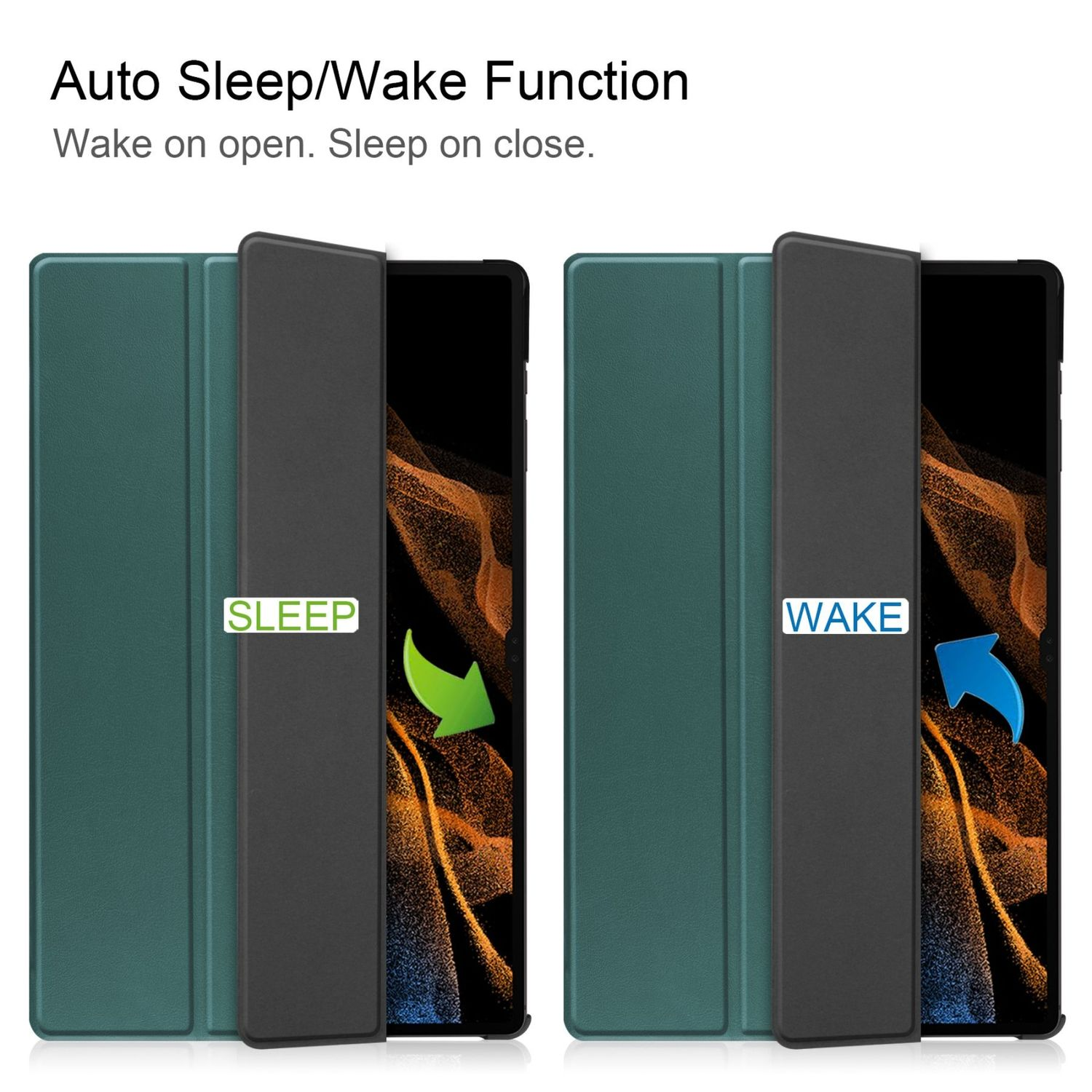 Zwei Tablet-Hüllen. Eine offen (Wake), die andere geschlossen (Sleep). Grüne und schwarze Hüllen.