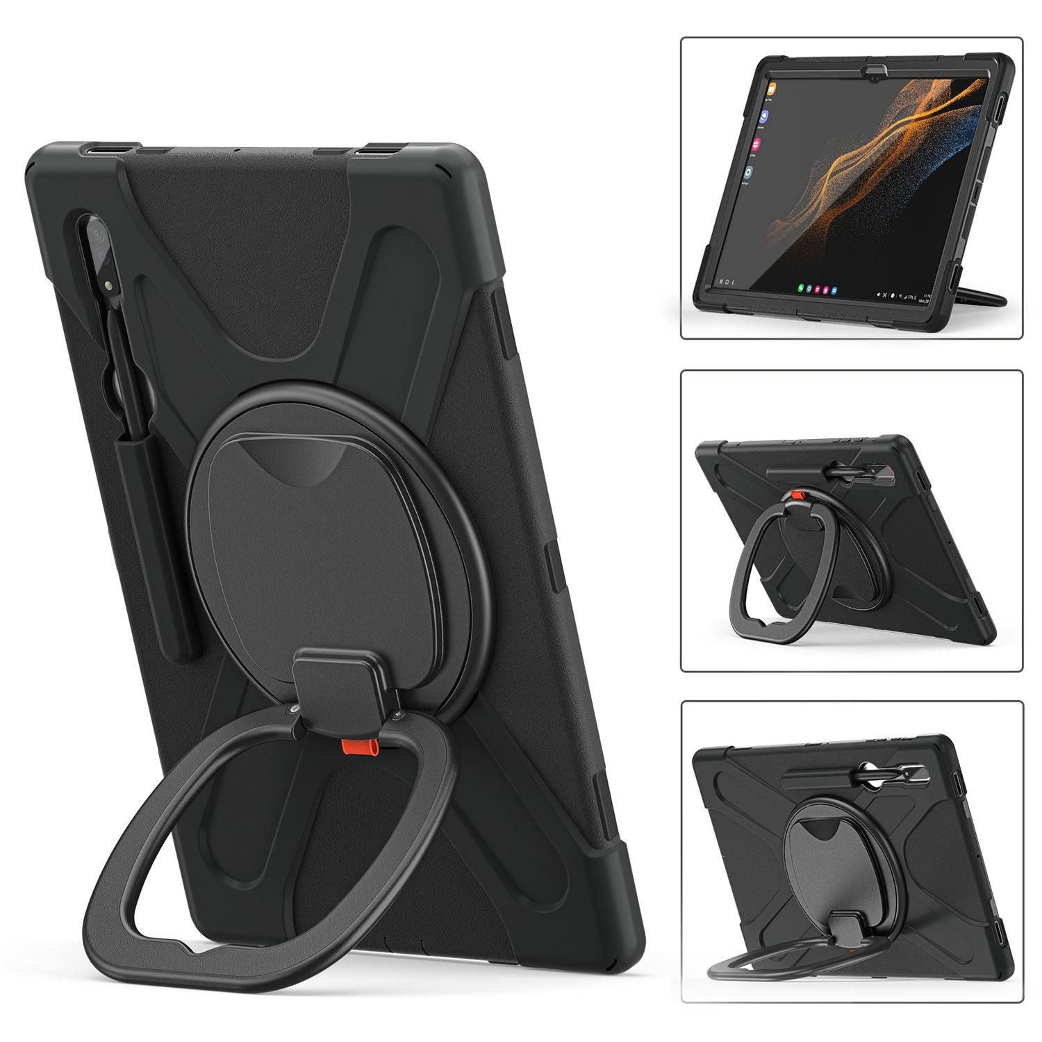 Eine schwarze Tablet-Hülle mit drehbarem Ringhalter und drei verschiedenen Ansichten.