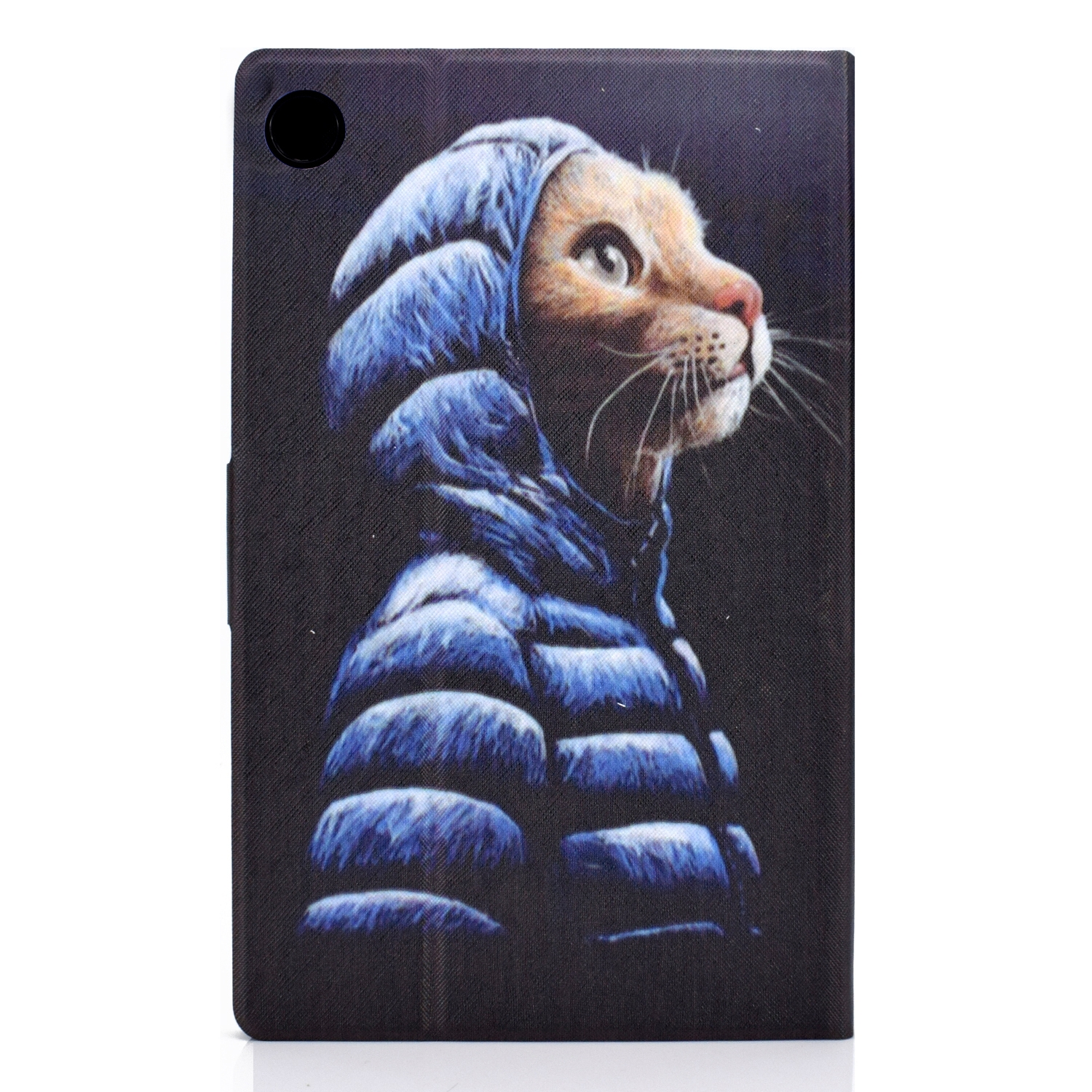 Eine Tablet-Hülle mit einer Katze, die einen blauen Kapuzenpullover trägt.